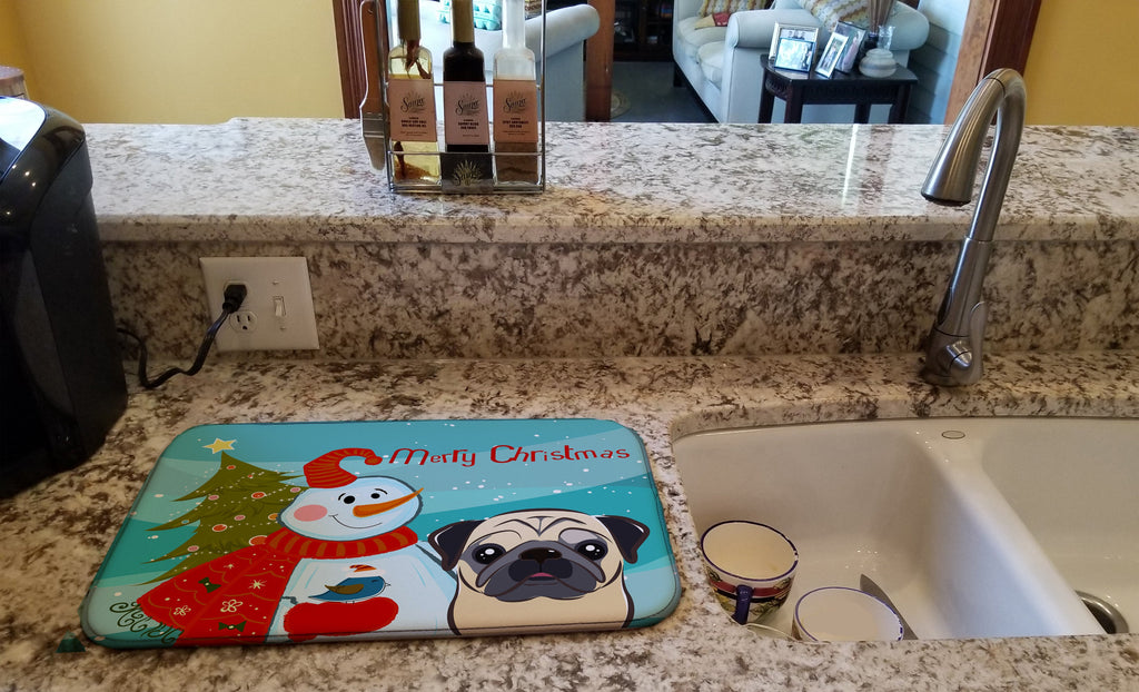 Snowman with Fawn Pug Dish Drying Mat Absorbent Dish Drying Mat Pad for Kitchen Counter Dish Drainer Mat for Countertop, 14 x 21", Multicolor