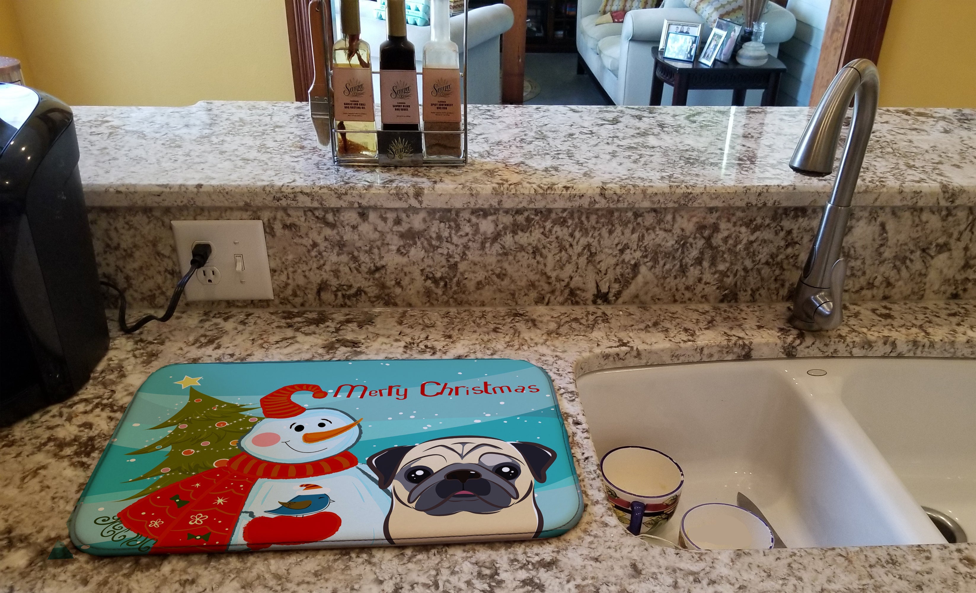 Snowman with Fawn Pug Dish Drying Mat Absorbent Dish Drying Mat Pad for Kitchen Counter Dish Drainer Mat for Countertop, 14 x 21", Multicolor
