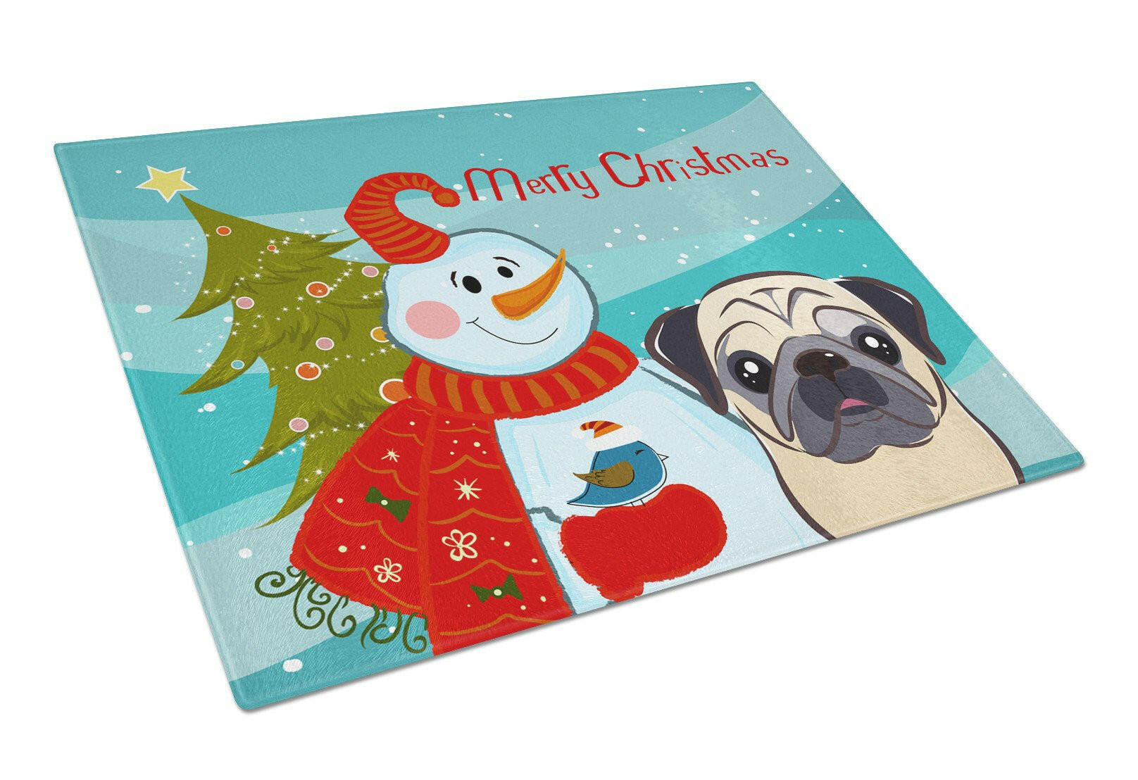 Snowman with Fawn Pug Cutting Board Tempered Glass Kitchen Cutting Surface, Heat Resistant Chopping, Non-Slip Feet, Food Prep & Serving