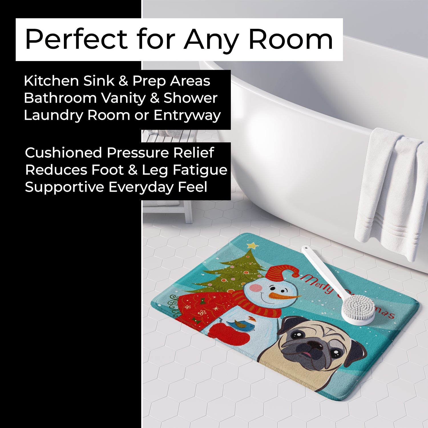 Snowman with Fawn Pug Memory Foam Kitchen Mat Machine Washable Anti-Fatigue Cushion Comfort Bath or Kitchen Rug