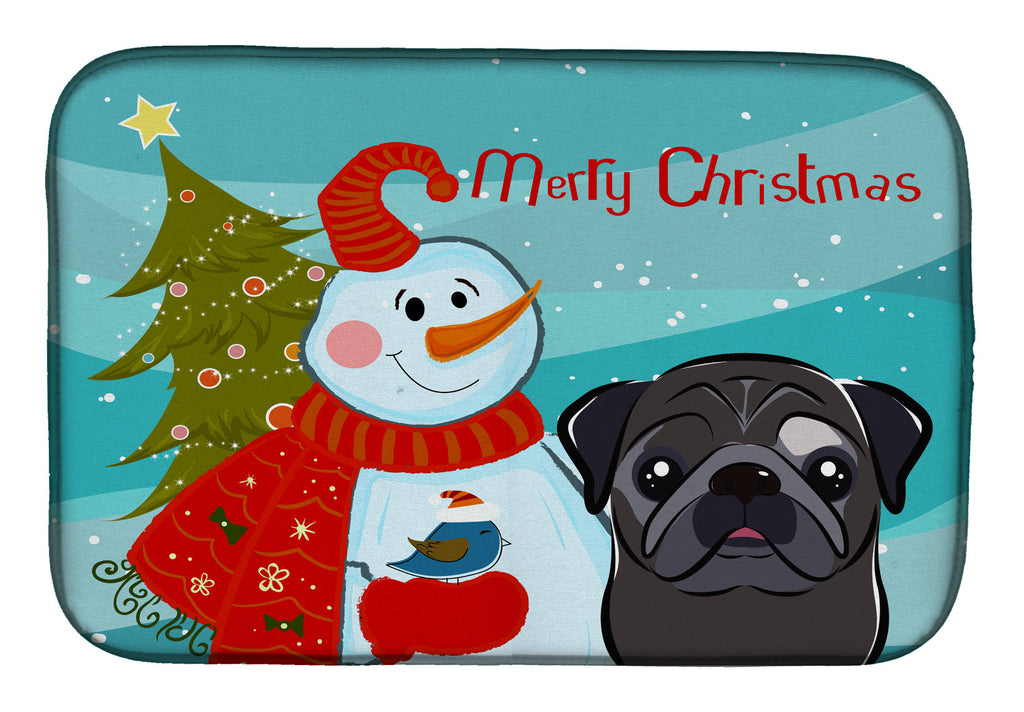 Snowman with Black Pug Dish Drying Mat Absorbent Dish Drying Mat Pad for Kitchen Counter Dish Drainer Mat for Countertop, 14 x 21", Multicolor