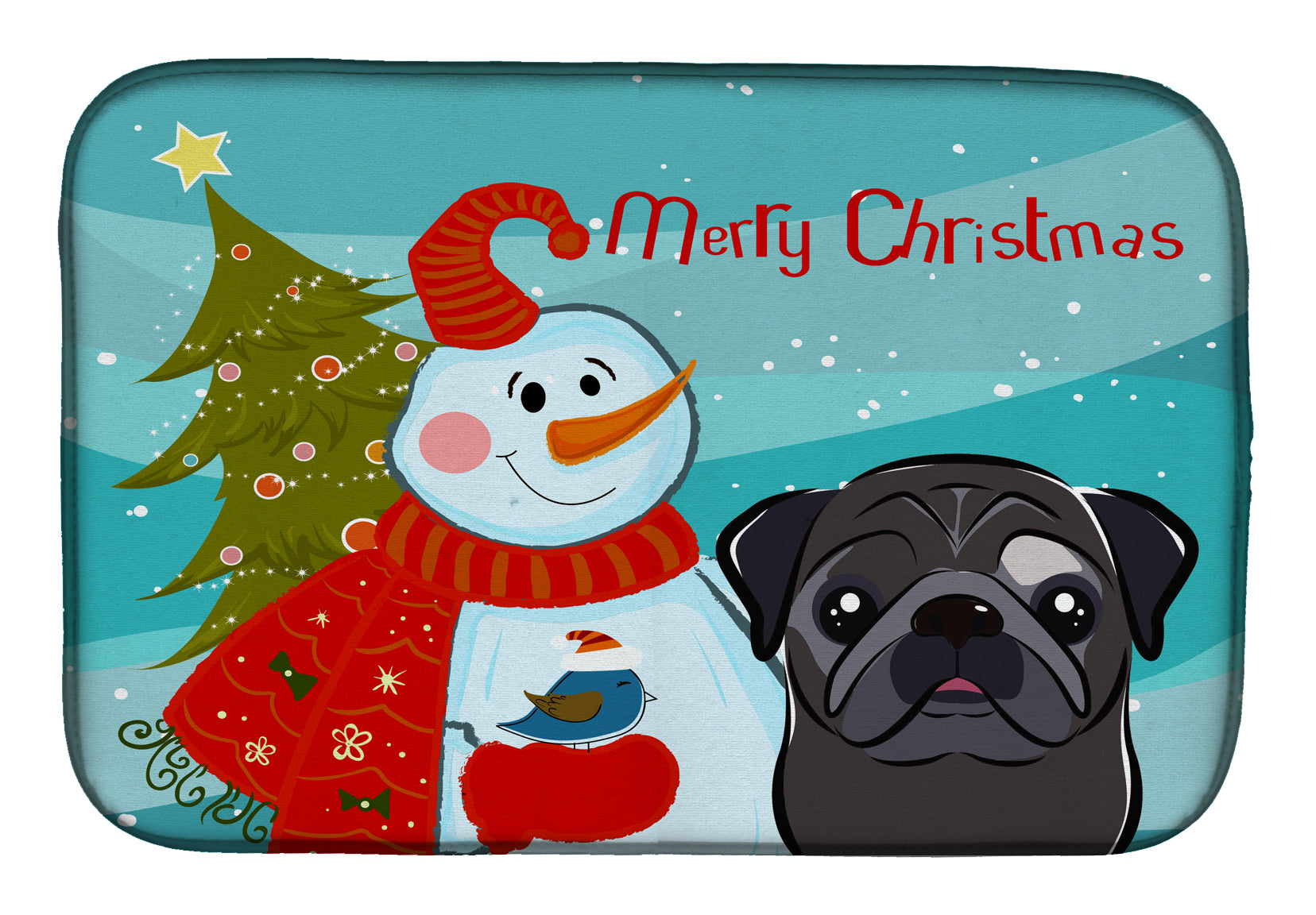 Snowman with Black Pug Dish Drying Mat Absorbent Dish Drying Mat Pad for Kitchen Counter Dish Drainer Mat for Countertop, 14 x 21", Multicolor