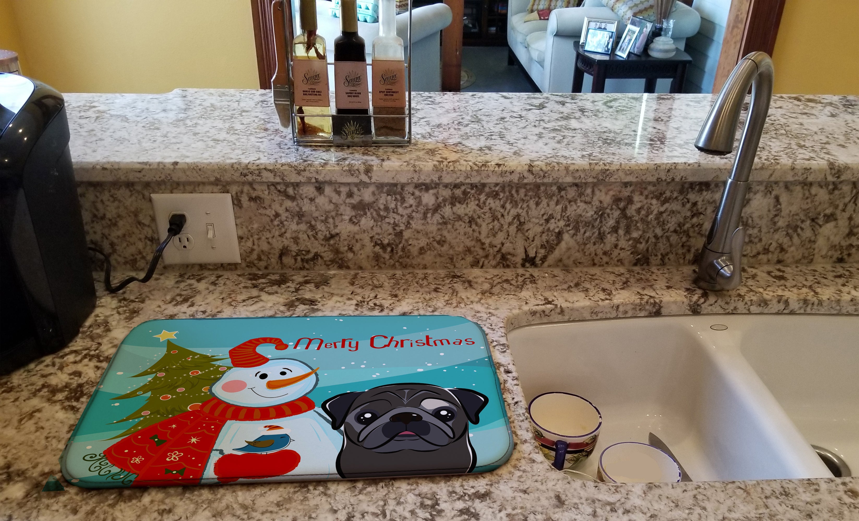 Snowman with Black Pug Dish Drying Mat Absorbent Dish Drying Mat Pad for Kitchen Counter Dish Drainer Mat for Countertop, 14 x 21", Multicolor