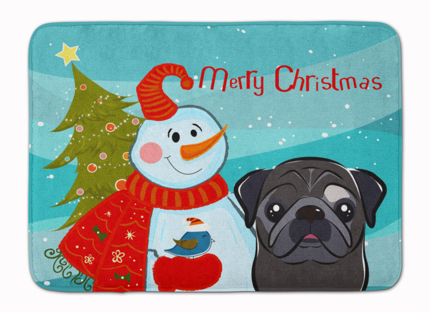 Snowman with Black Pug Memory Foam Kitchen Mat Machine Washable Anti-Fatigue Cushion Comfort Bath or Kitchen Rug