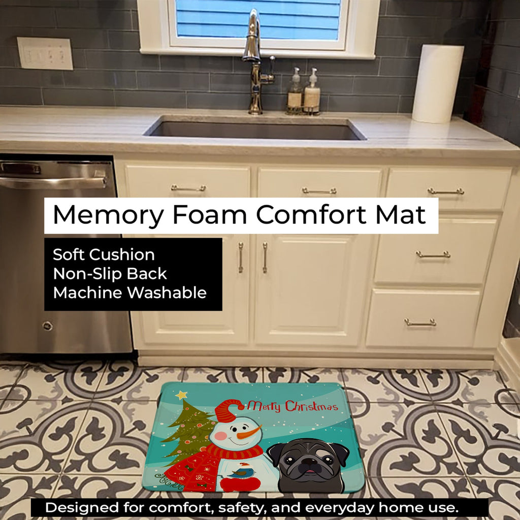 Snowman with Black Pug Memory Foam Kitchen Mat Machine Washable Anti-Fatigue Cushion Comfort Bath or Kitchen Rug
