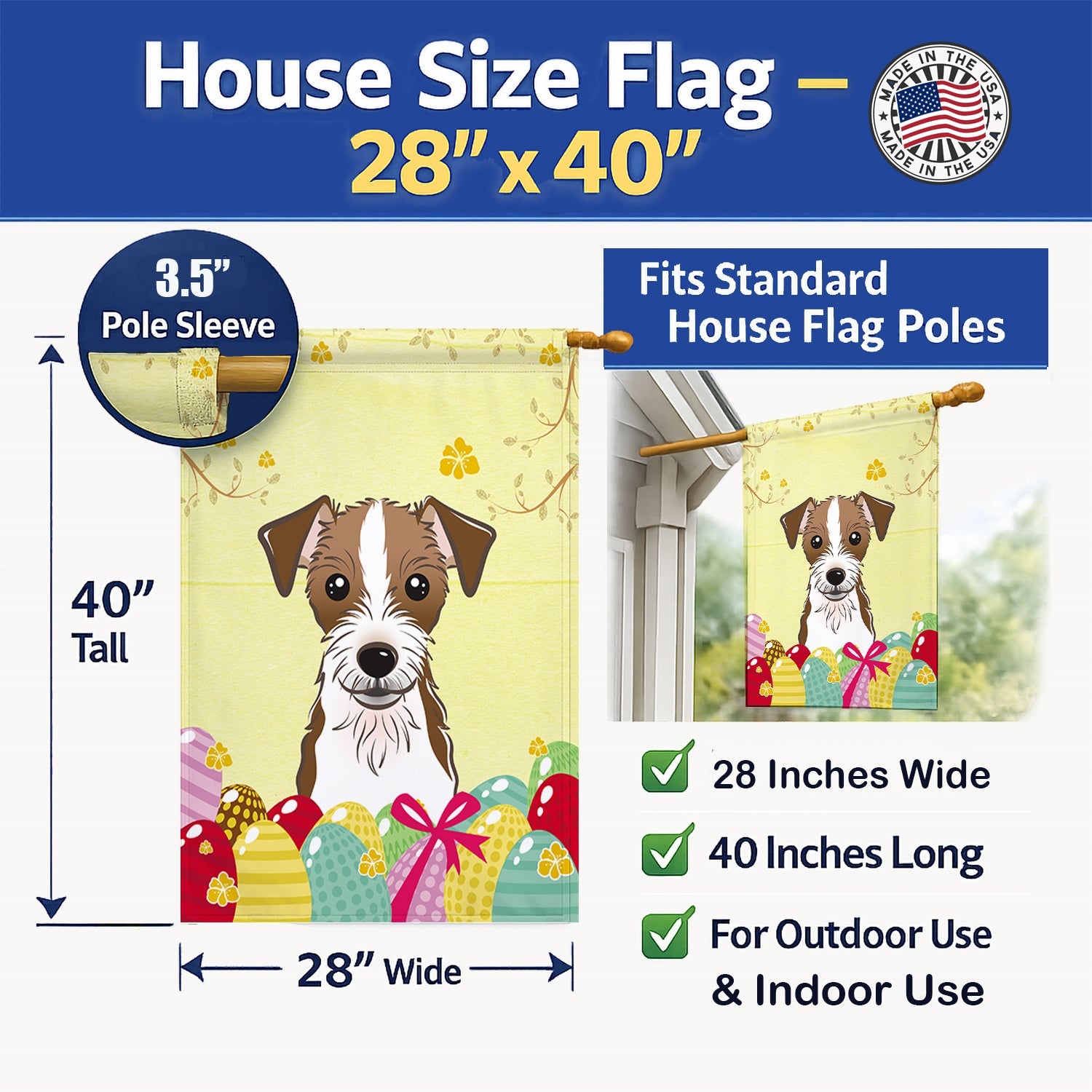Jack Russell Terrier Easter Egg Hunt House Flag 28x40 Porch Sleeve Pole Decorative Outside Yard Banner Artwork Wall Hanging, Polyester