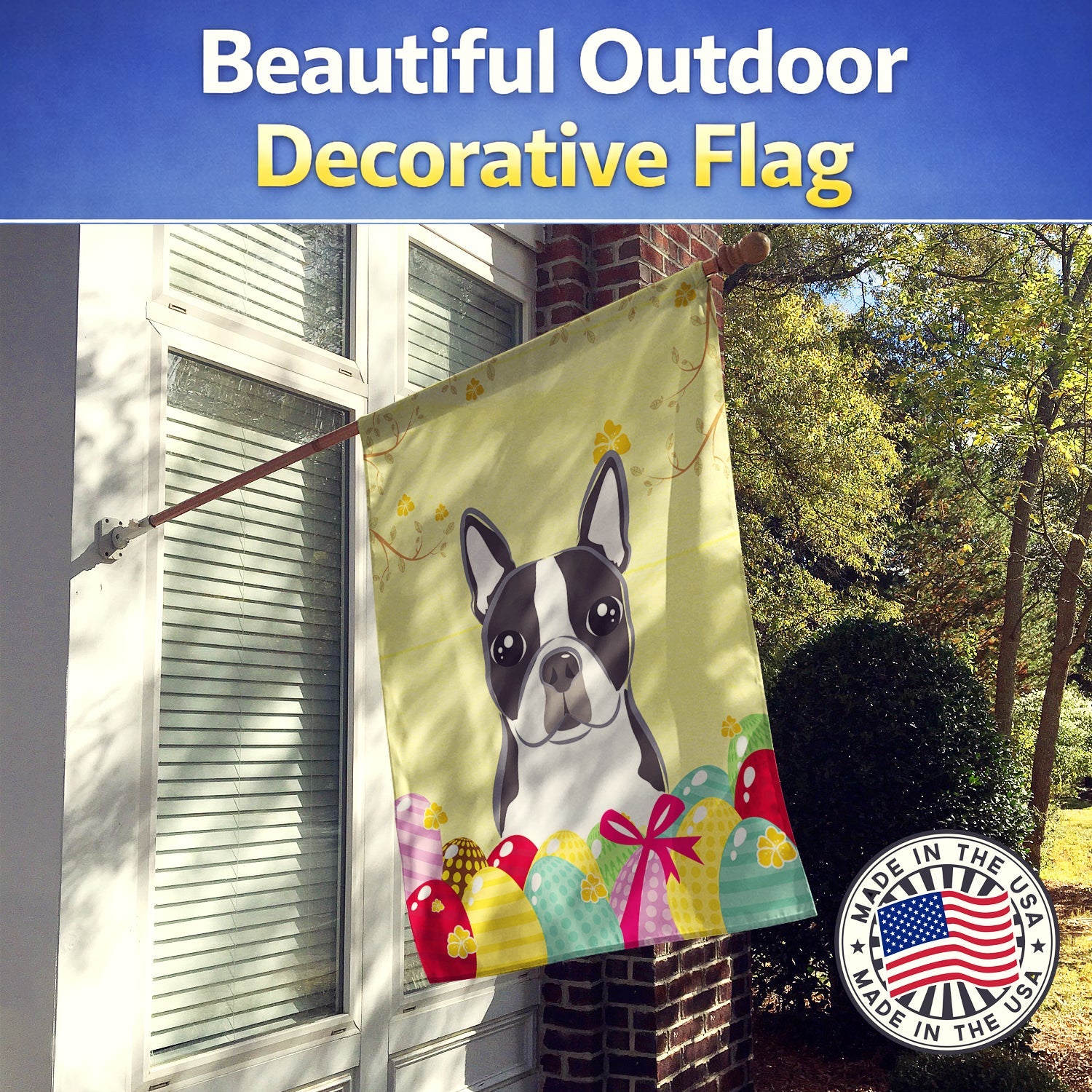 Boston Terrier Easter Egg Hunt House Flag 28x40 Porch Sleeve Pole Decorative Outside Yard Banner Artwork Wall Hanging, Polyester