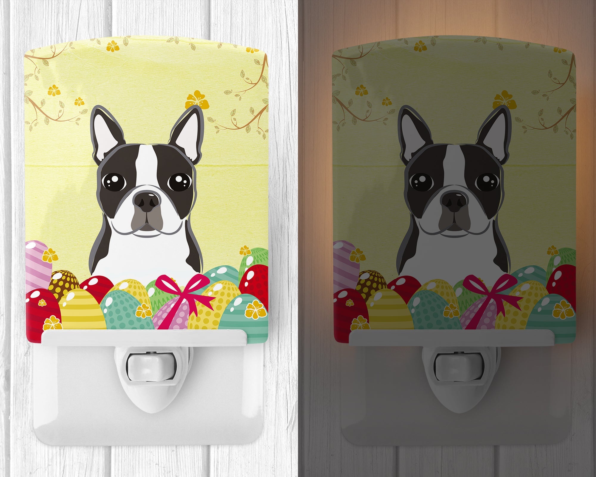 Boston Terrier Easter Egg Hunt Ceramic Night Light Compact, UL-Certified, Ideal for Bedroom, Bathroom, Nursery, Hallway, Kitchen, 6x4x3, Multicolor