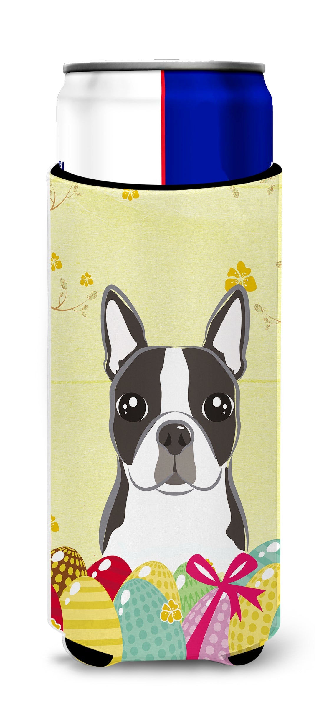 Boston Terrier Easter Egg Hunt Slim Can Hugger , Insulated Foam Hugger for 12 oz Slim Cans, Beer Bottles & Water Bottles, Printed in USA