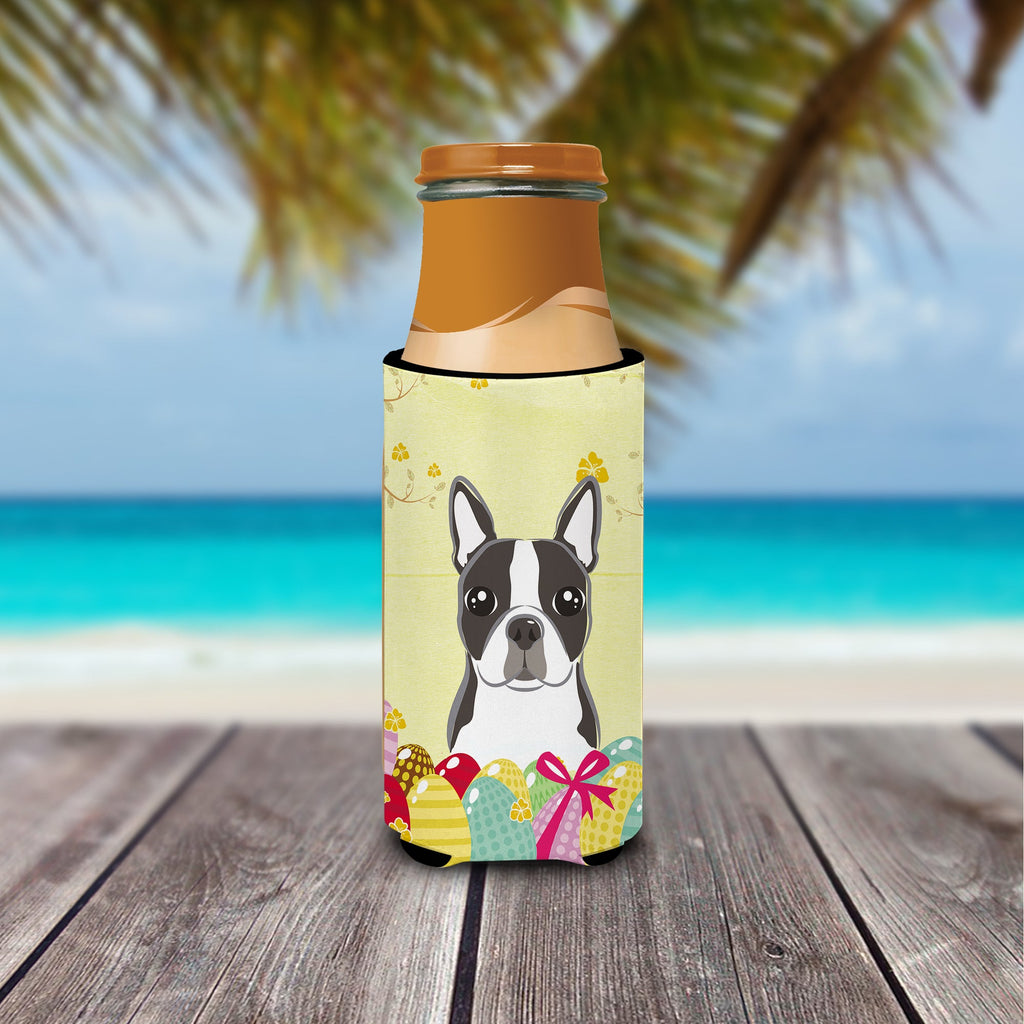 Boston Terrier Easter Egg Hunt Slim Can Hugger , Insulated Foam Hugger for 12 oz Slim Cans, Beer Bottles & Water Bottles, Printed in USA