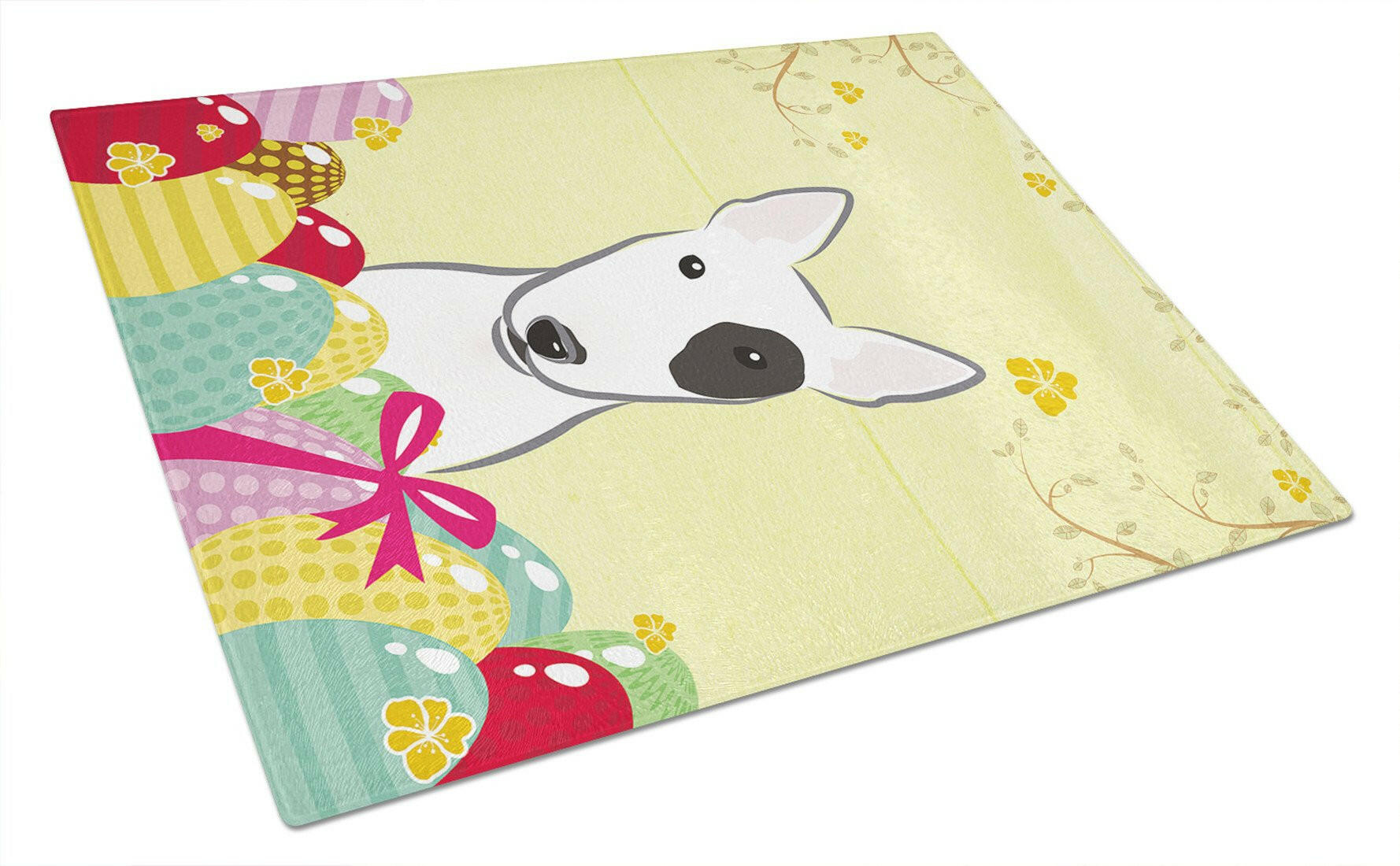Bull Terrier Easter Egg Hunt Cutting Board Tempered Glass Kitchen Cutting Surface, Heat Resistant Chopping, Non-Slip Feet, Food Prep & Serving