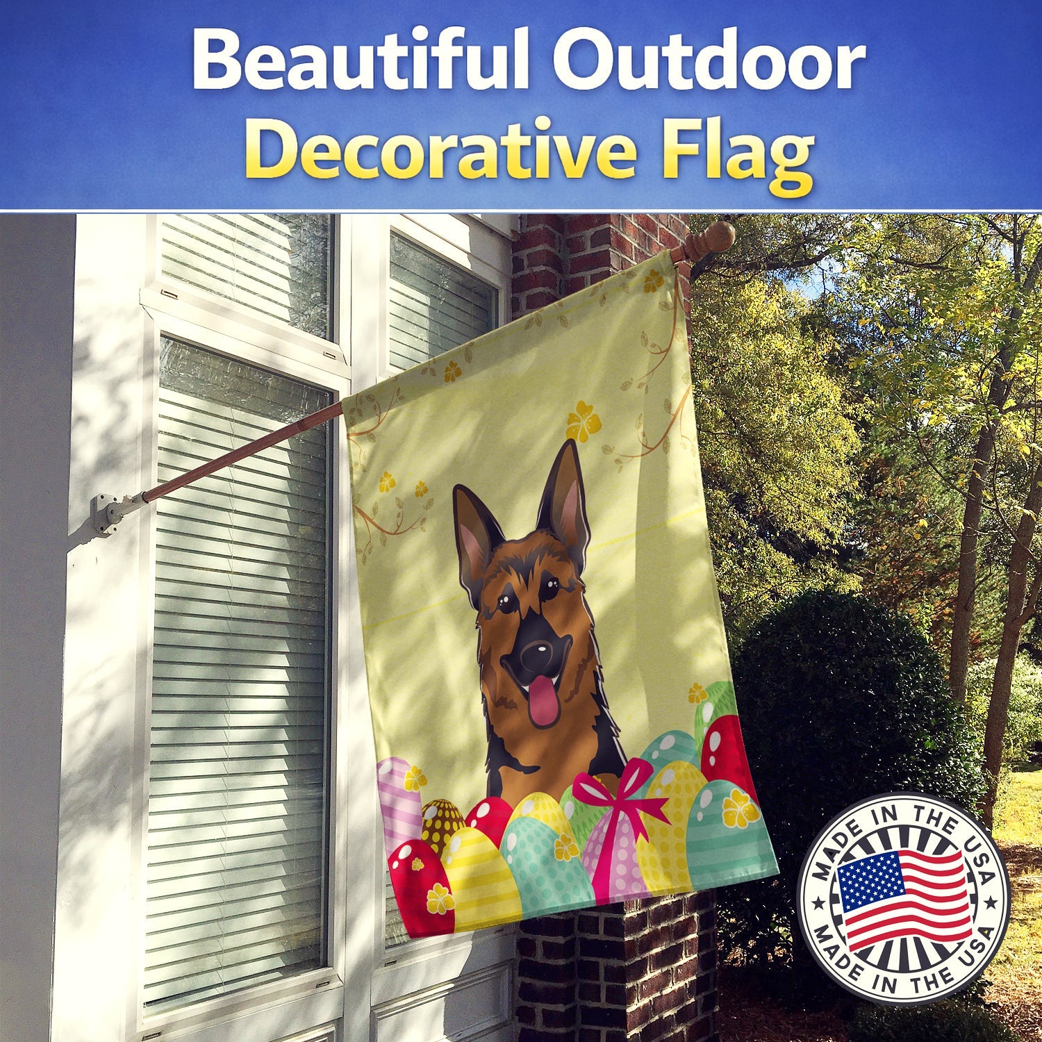 German Shepherd Easter Egg Hunt House Flag 28x40 Porch Sleeve Pole Decorative Outside Yard Banner Artwork Wall Hanging, Polyester