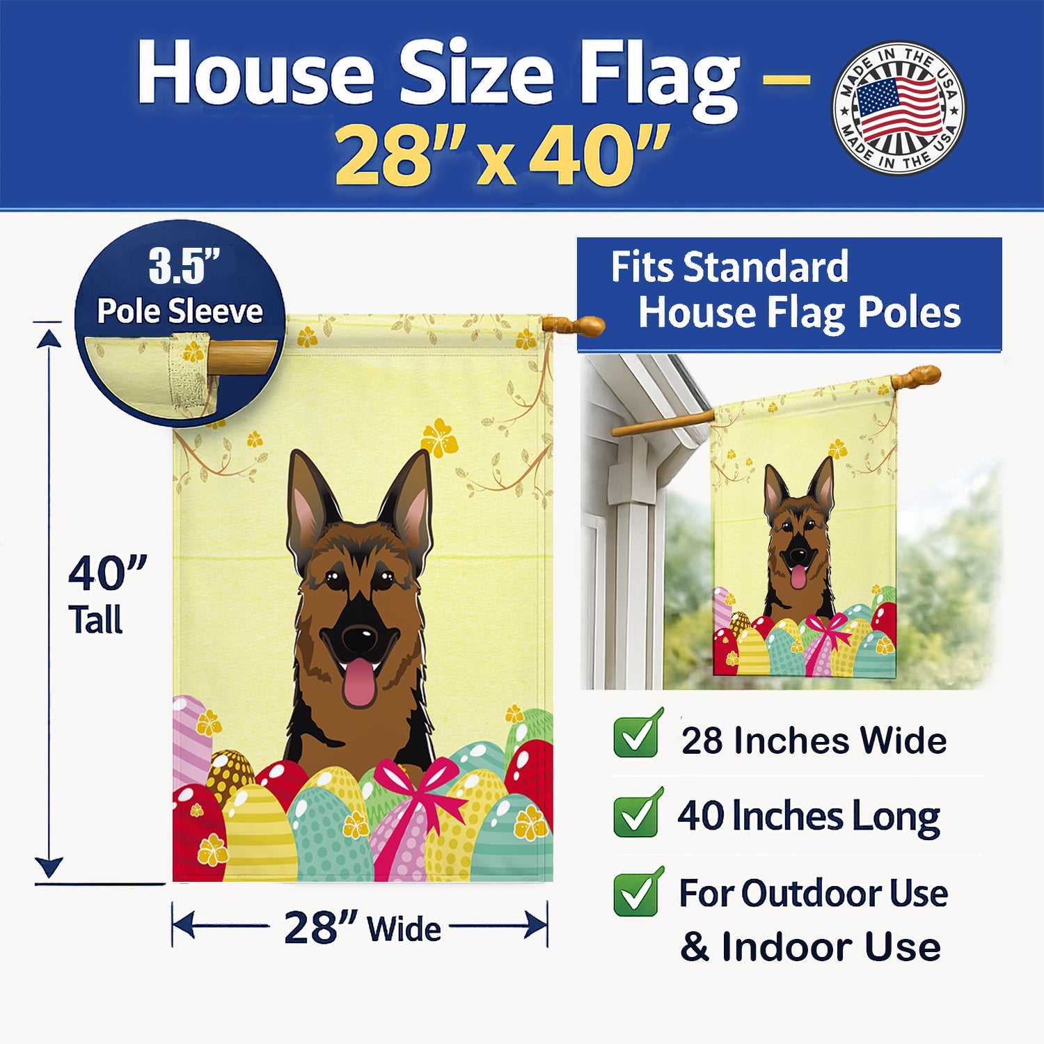 German Shepherd Easter Egg Hunt House Flag 28x40 Porch Sleeve Pole Decorative Outside Yard Banner Artwork Wall Hanging, Polyester