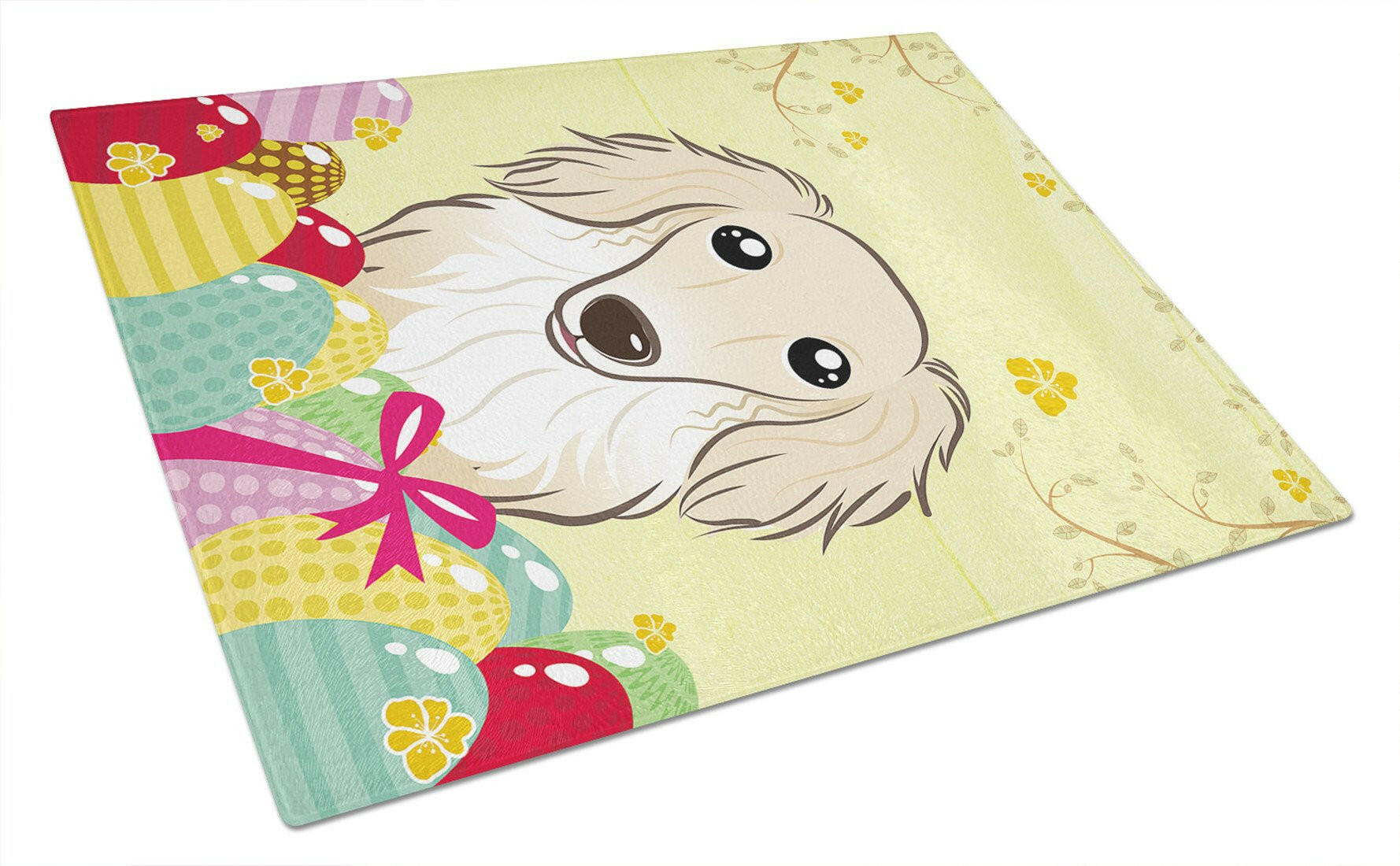 Longhair Creme Dachshund Easter Egg Hunt Cutting Board Tempered Glass Kitchen Cutting Surface, Heat Resistant Chopping, Non-Slip Feet, Food Prep & Serving