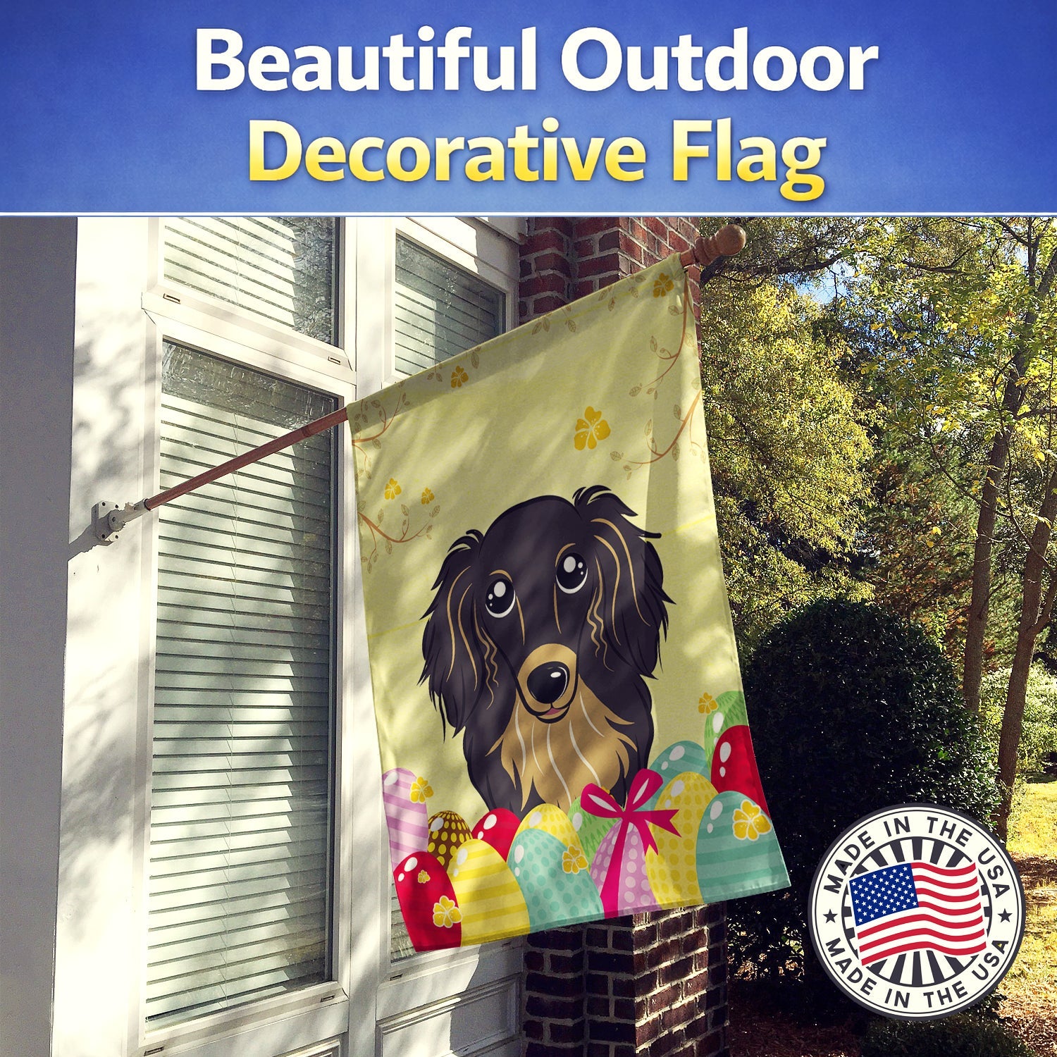 Longhair Black and Tan Dachshund Easter Egg Hunt House Flag 28x40 Porch Sleeve Pole Decorative Outside Yard Banner Artwork Wall Hanging, Polyester