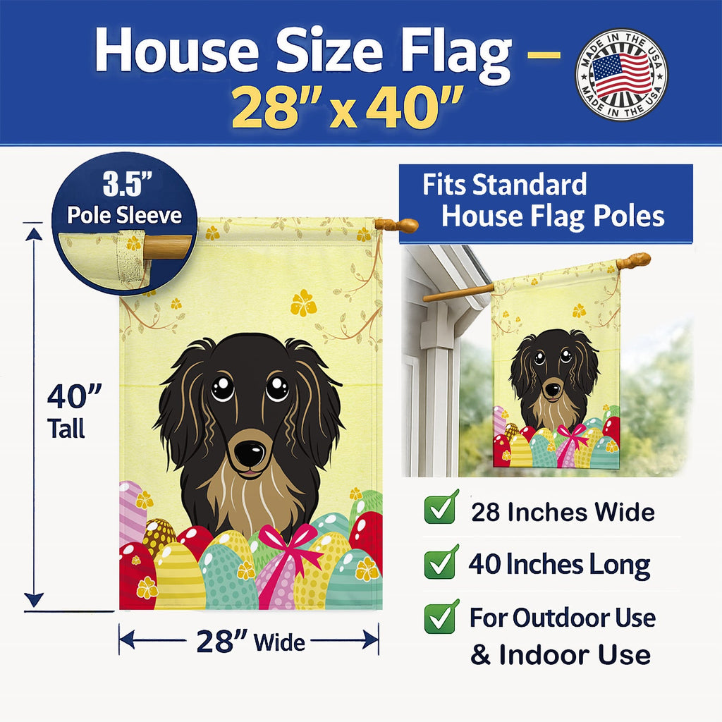 Longhair Black and Tan Dachshund Easter Egg Hunt House Flag 28x40 Porch Sleeve Pole Decorative Outside Yard Banner Artwork Wall Hanging, Polyester