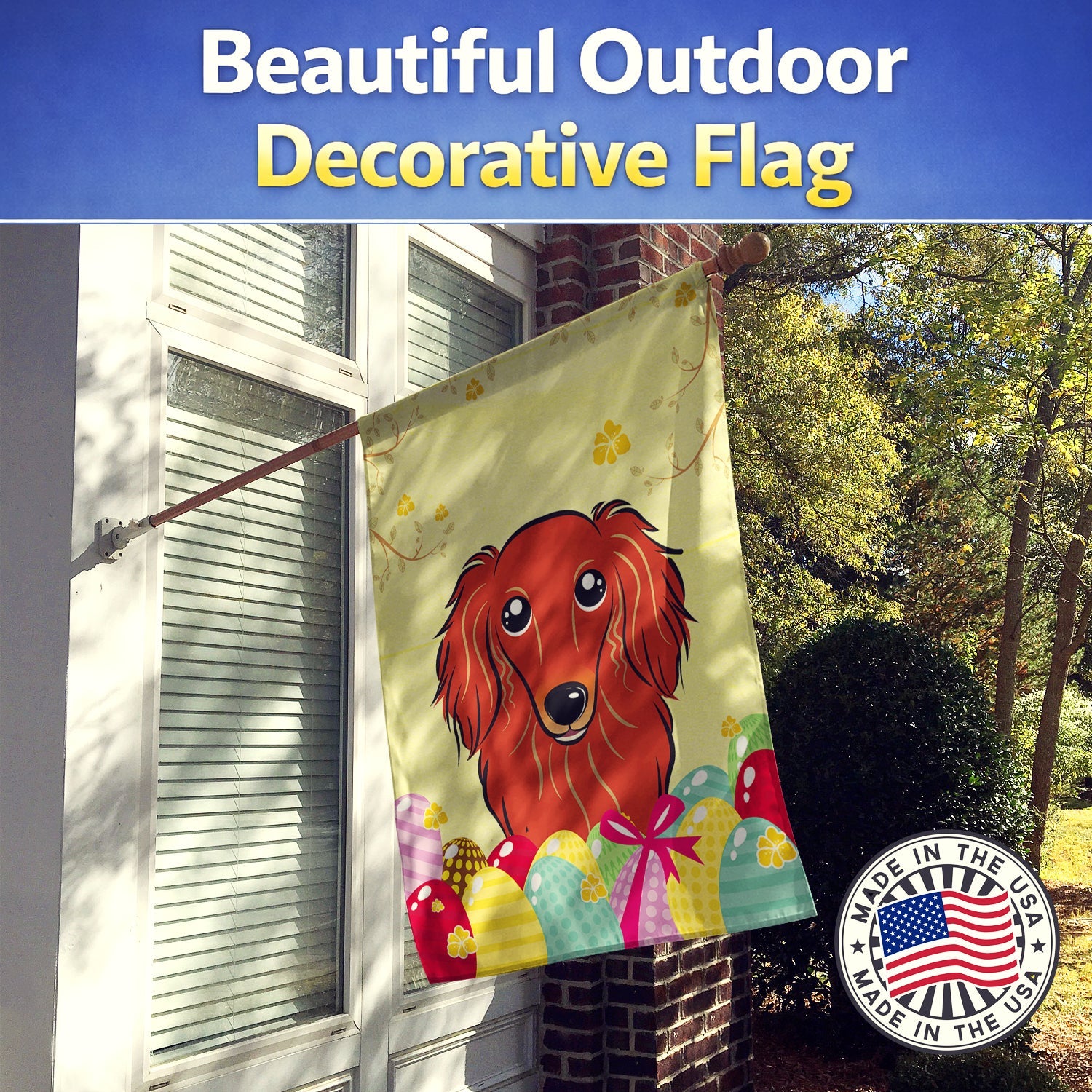 Longhair Red Dachshund Easter Egg Hunt House Flag 28x40 Porch Sleeve Pole Decorative Outside Yard Banner Artwork Wall Hanging, Polyester
