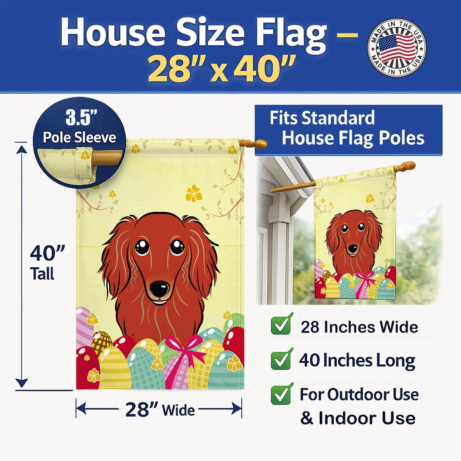 Longhair Red Dachshund Easter Egg Hunt House Flag 28x40 Porch Sleeve Pole Decorative Outside Yard Banner Artwork Wall Hanging, Polyester