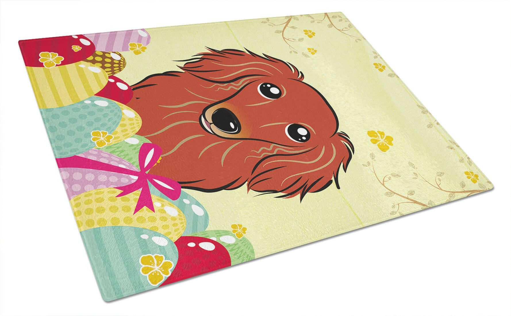 Longhair Red Dachshund Easter Egg Hunt Cutting Board Tempered Glass Kitchen Cutting Surface, Heat Resistant Chopping, Non-Slip Feet, Food Prep & Serving
