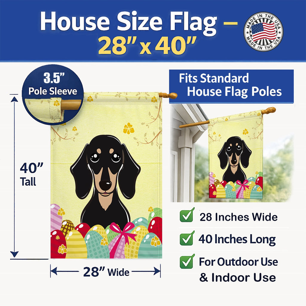 Smooth Black and Tan Dachshund Easter Egg Hunt House Flag 28x40 Porch Sleeve Pole Decorative Outside Yard Banner Artwork Wall Hanging, Polyester