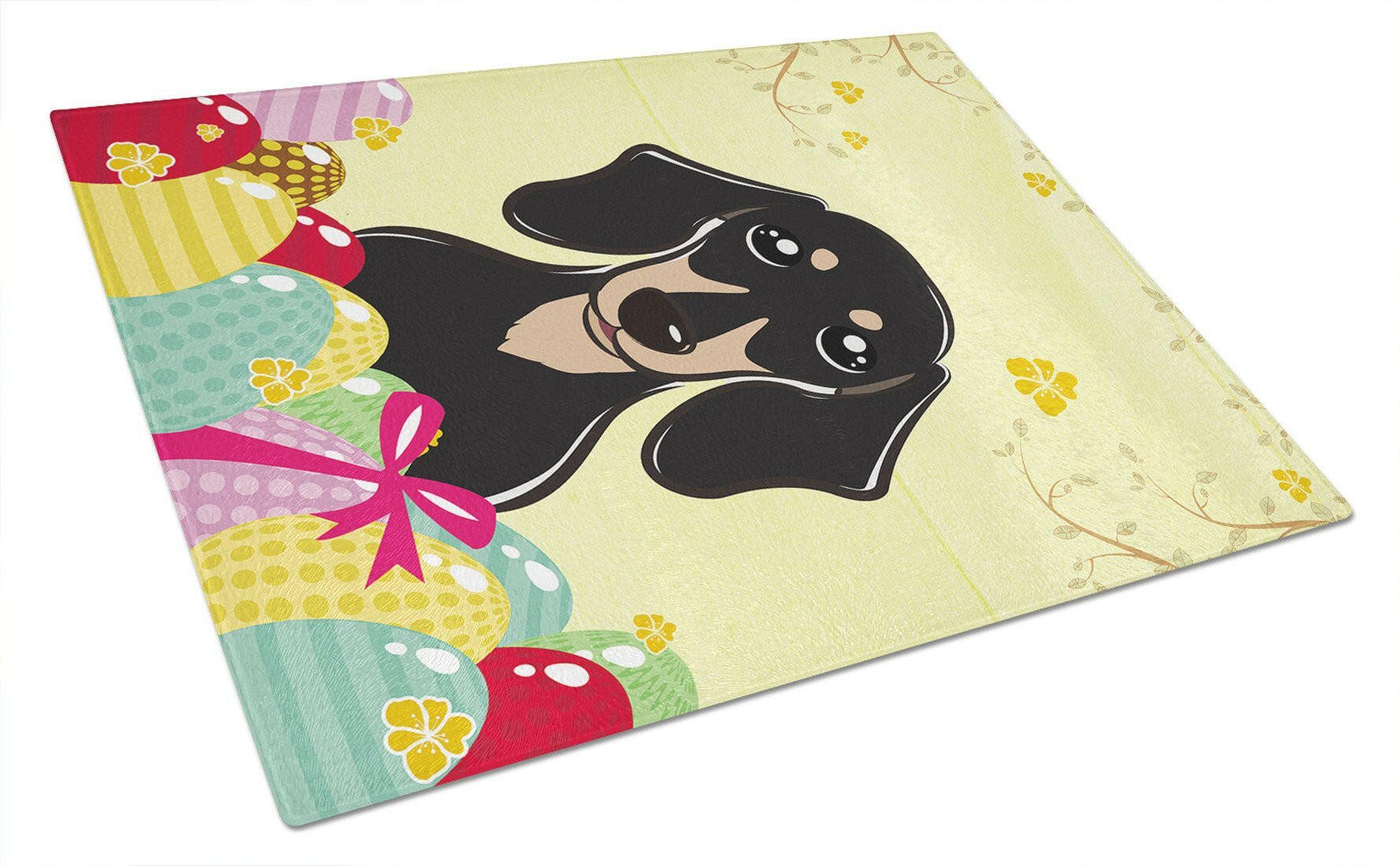 Smooth Black and Tan Dachshund Easter Egg Hunt Cutting Board Tempered Glass Kitchen Cutting Surface, Heat Resistant Chopping, Non-Slip Feet, Food Prep & Serving