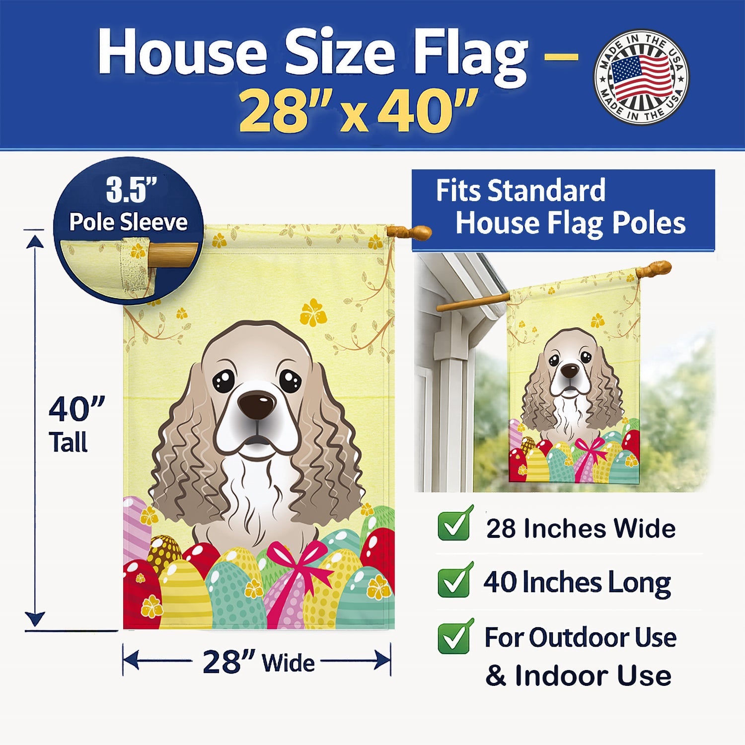 Cocker Spaniel Easter Egg Hunt House Flag 28x40 Porch Sleeve Pole Decorative Outside Yard Banner Artwork Wall Hanging, Polyester