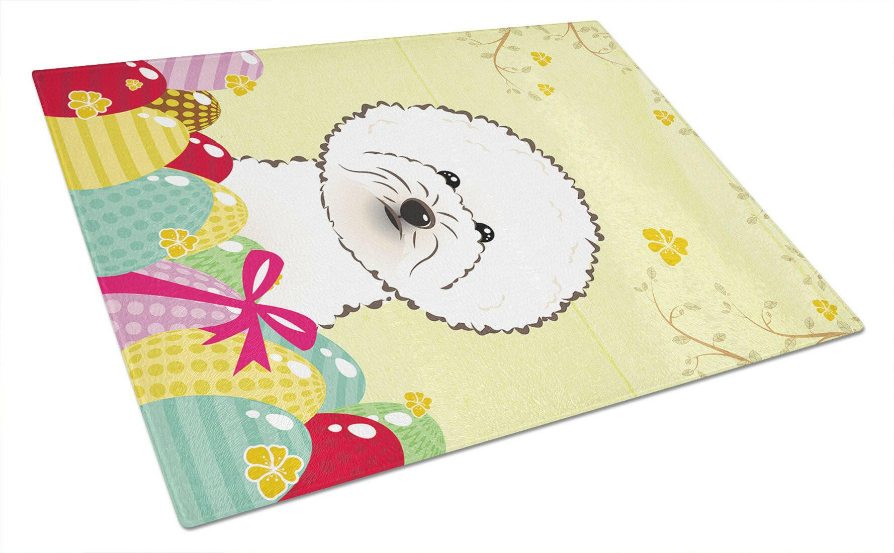 Bichon Frise Easter Egg Hunt Cutting Board Tempered Glass Kitchen Cutting Surface, Heat Resistant Chopping, Non-Slip Feet, Food Prep & Serving