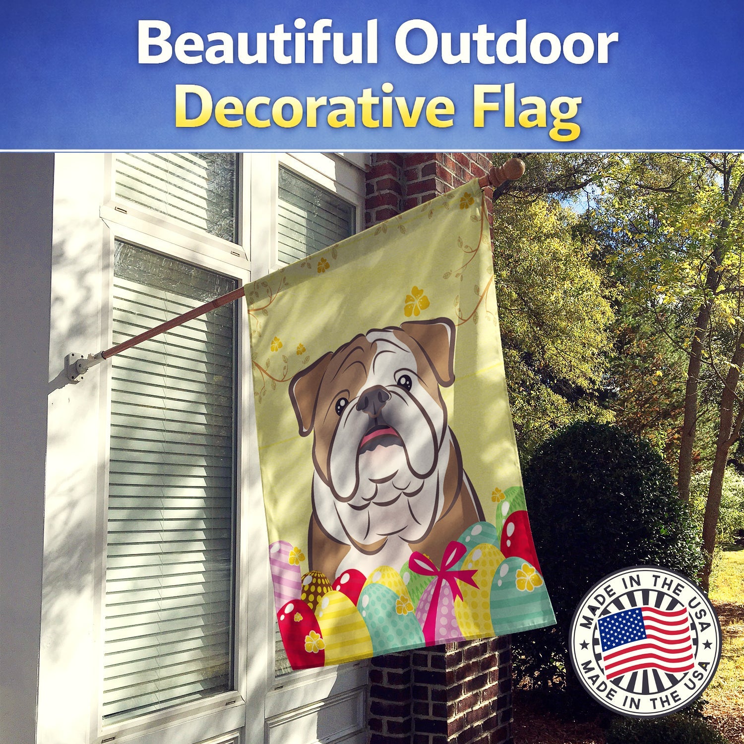English Bulldog  Easter Egg Hunt House Flag 28x40 Porch Sleeve Pole Decorative Outside Yard Banner Artwork Wall Hanging, Polyester