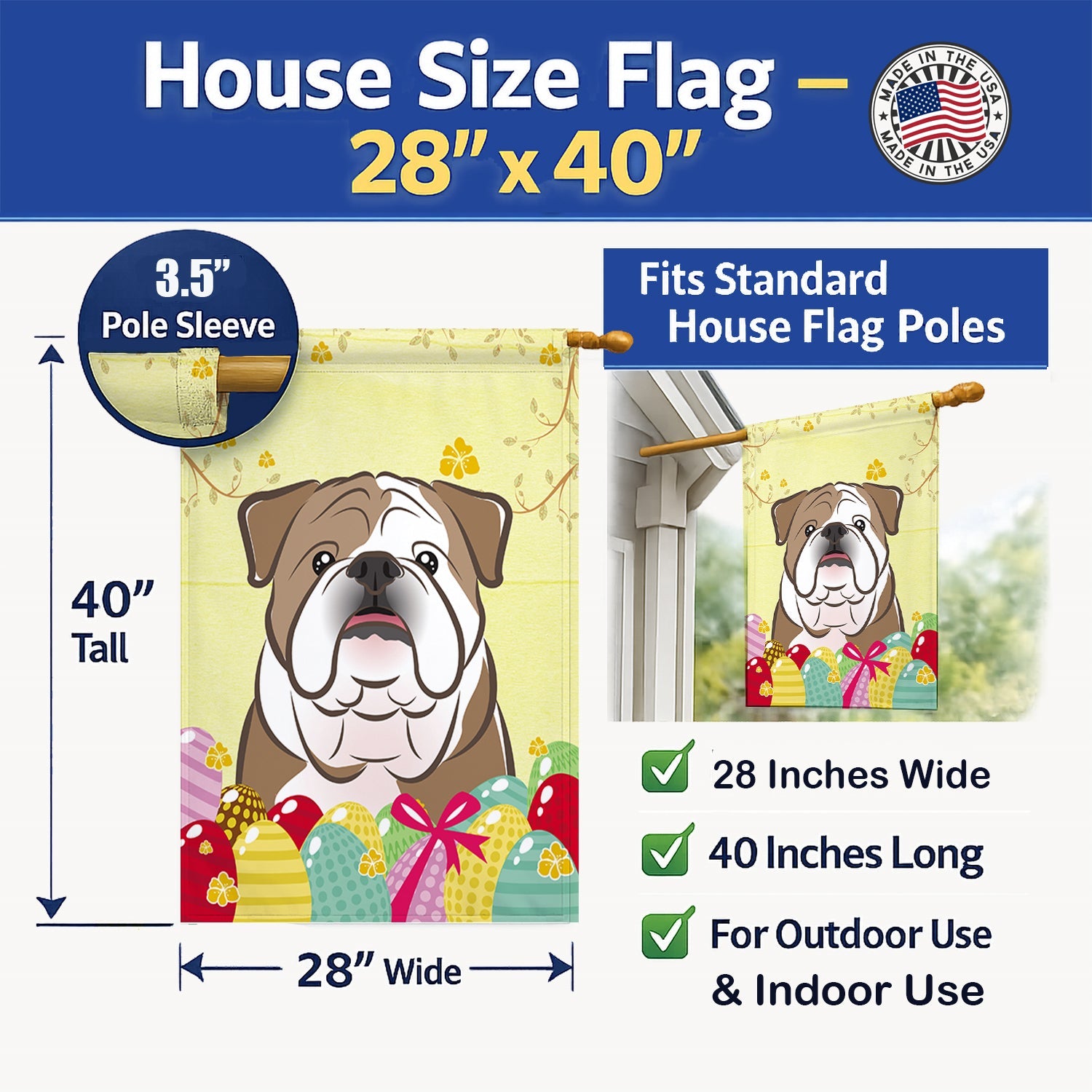 English Bulldog  Easter Egg Hunt House Flag 28x40 Porch Sleeve Pole Decorative Outside Yard Banner Artwork Wall Hanging, Polyester