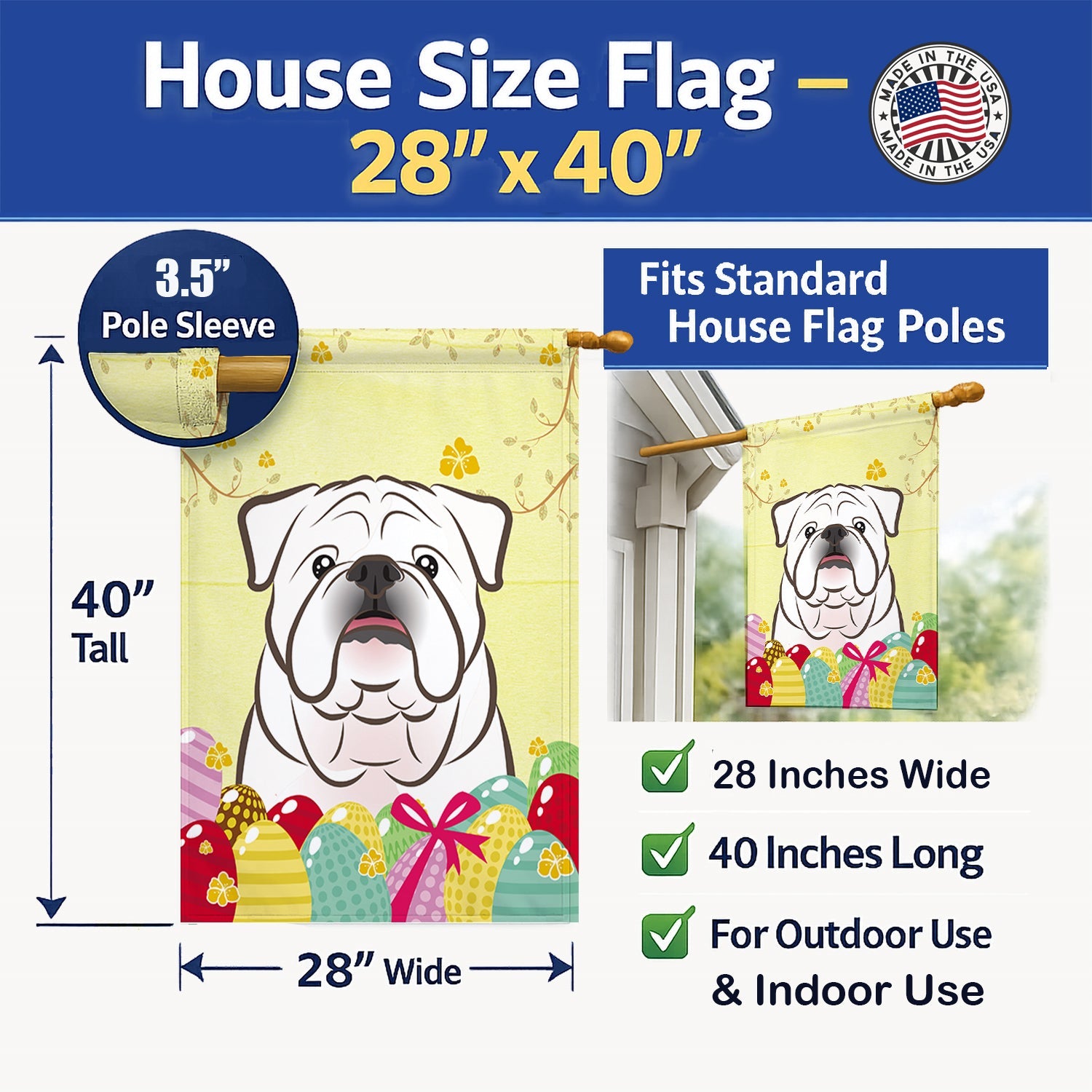 White English Bulldog  Easter Egg Hunt House Flag 28x40 Porch Sleeve Pole Decorative Outside Yard Banner Artwork Wall Hanging, Polyester