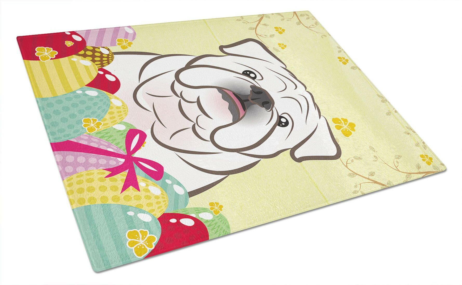 White English Bulldog  Easter Egg Hunt Cutting Board Tempered Glass Kitchen Cutting Surface, Heat Resistant Chopping, Non-Slip Feet, Food Prep & Serving