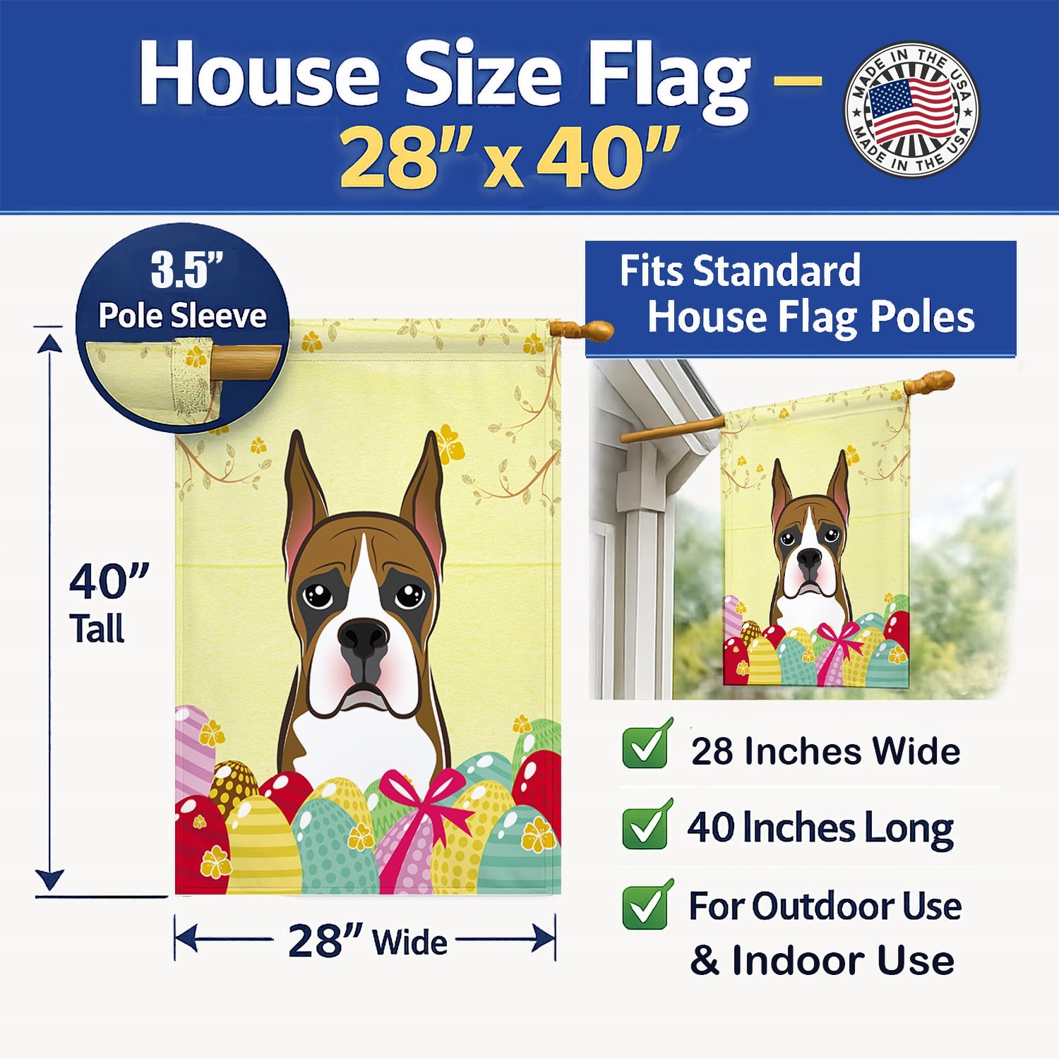 Boxer Easter Egg Hunt House Flag 28x40 Porch Sleeve Pole Decorative Outside Yard Banner Artwork Wall Hanging, Polyester