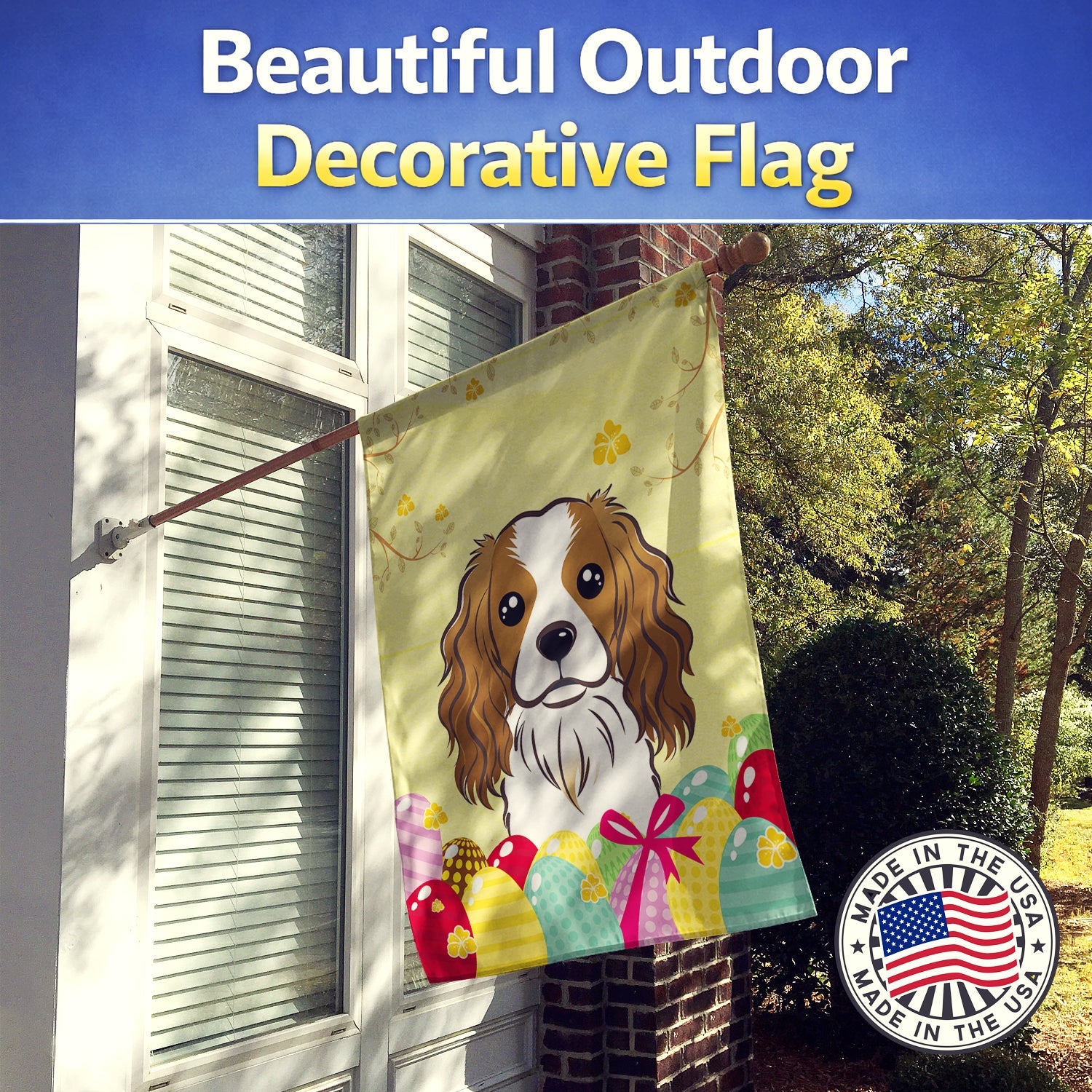 Cavalier Spaniel Easter Egg Hunt House Flag 28x40 Porch Sleeve Pole Decorative Outside Yard Banner Artwork Wall Hanging, Polyester
