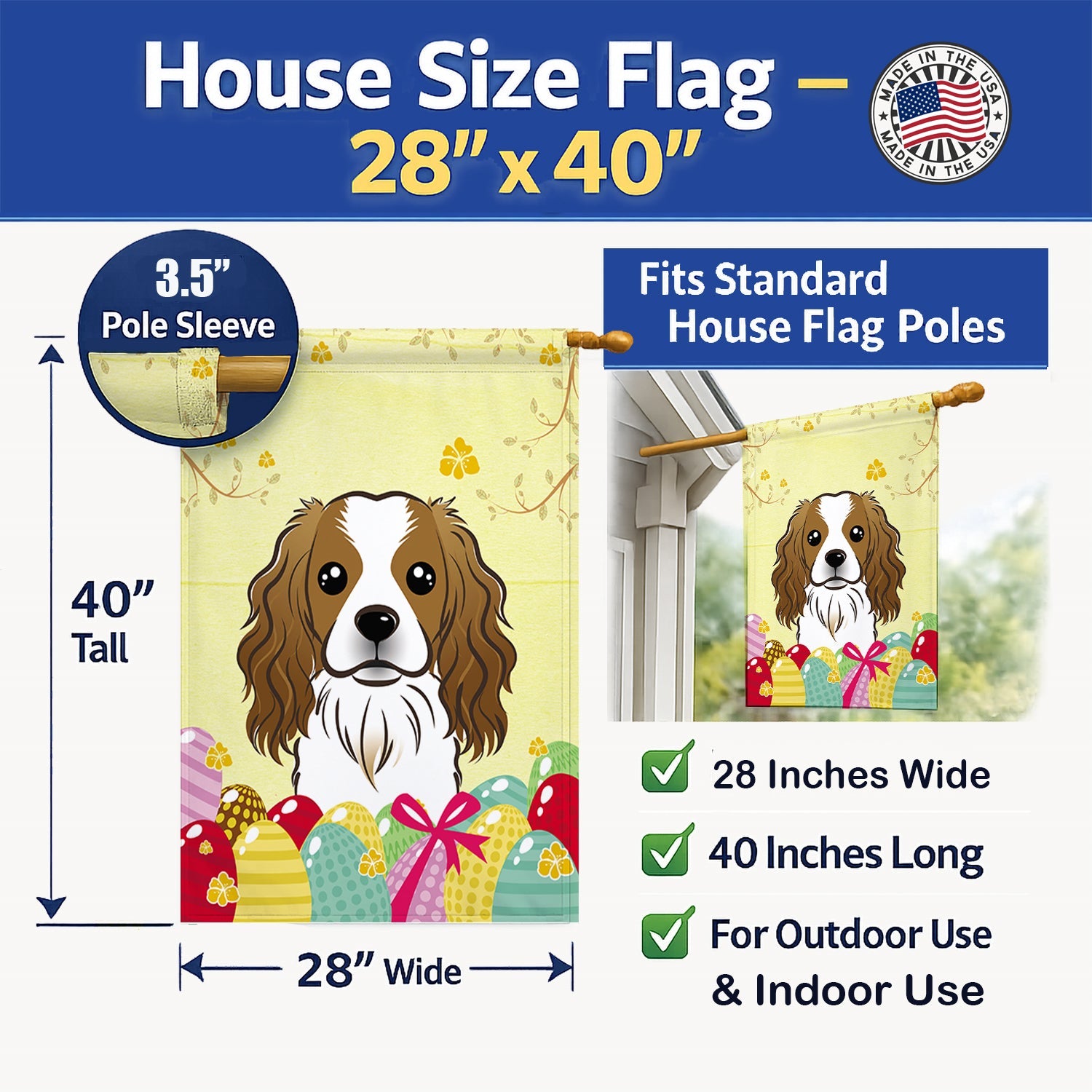 Cavalier Spaniel Easter Egg Hunt House Flag 28x40 Porch Sleeve Pole Decorative Outside Yard Banner Artwork Wall Hanging, Polyester
