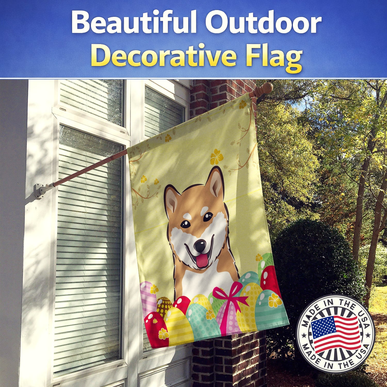 Shiba Inu Easter Egg Hunt House Flag 28x40 Porch Sleeve Pole Decorative Outside Yard Banner Artwork Wall Hanging, Polyester