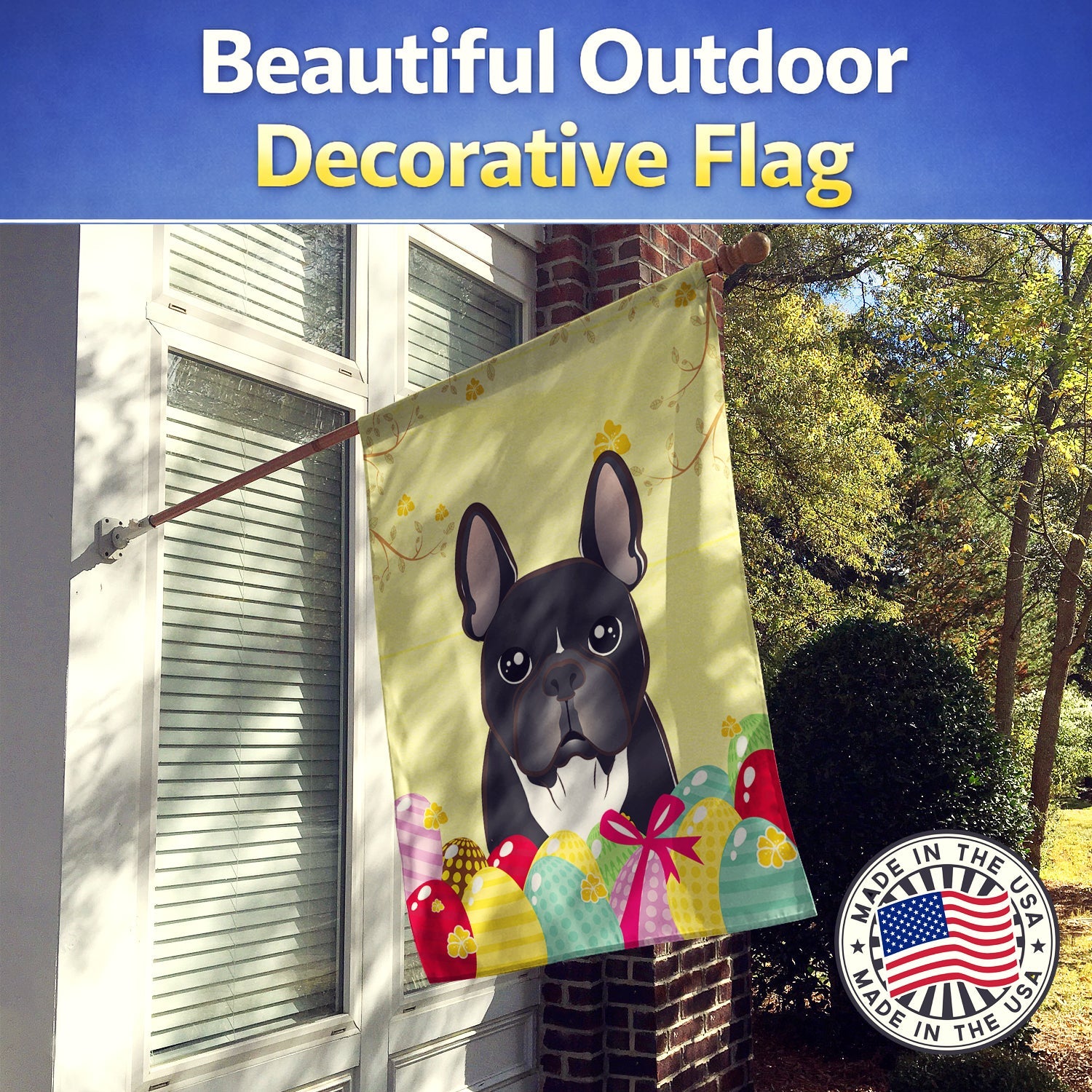 French Bulldog Easter Egg Hunt House Flag 28x40 Porch Sleeve Pole Decorative Outside Yard Banner Artwork Wall Hanging, Polyester