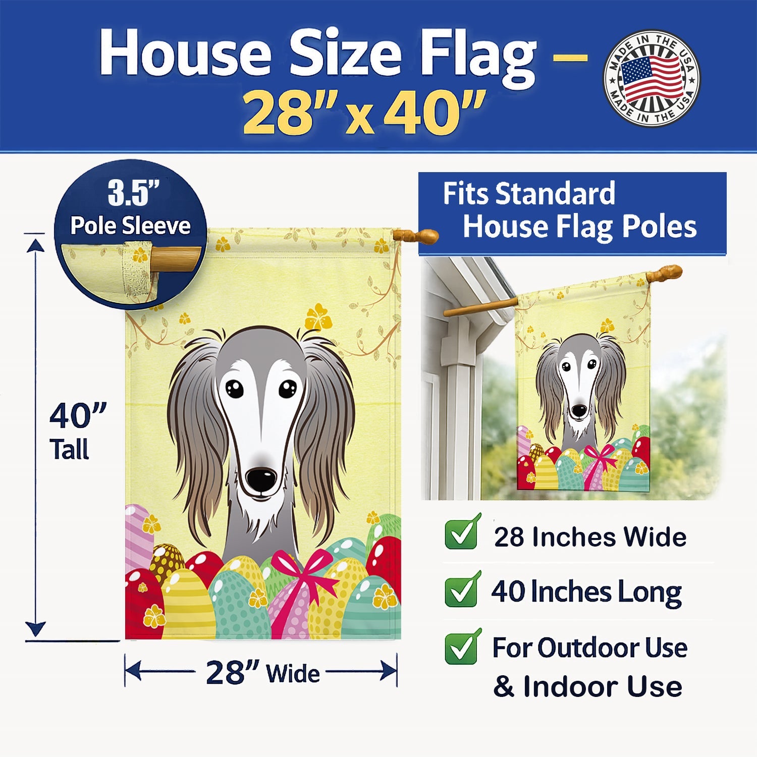 Saluki Easter Egg Hunt House Flag 28x40 Porch Sleeve Pole Decorative Outside Yard Banner Artwork Wall Hanging, Polyester