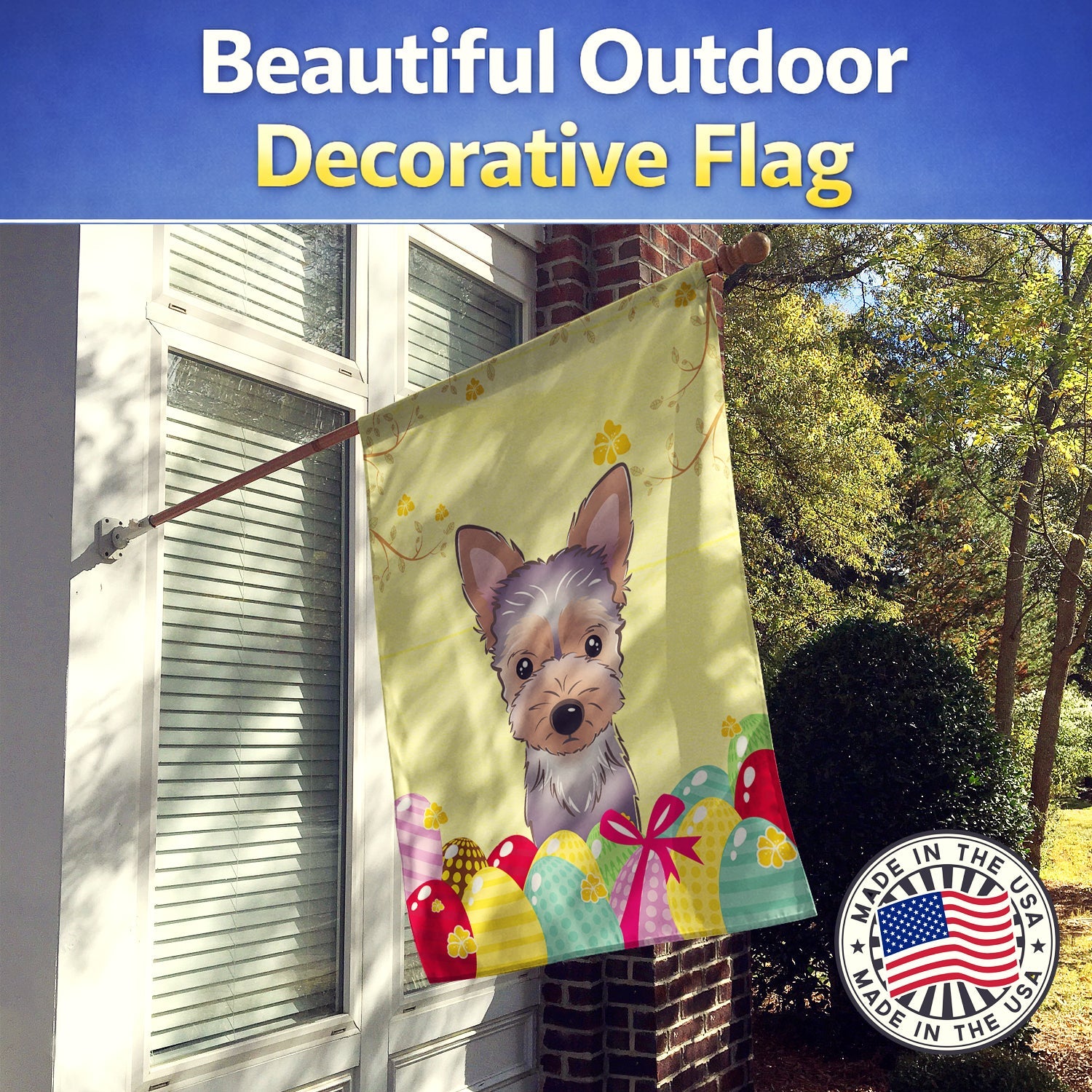 Yorkie Puppy Easter Egg Hunt House Flag 28x40 Porch Sleeve Pole Decorative Outside Yard Banner Artwork Wall Hanging, Polyester