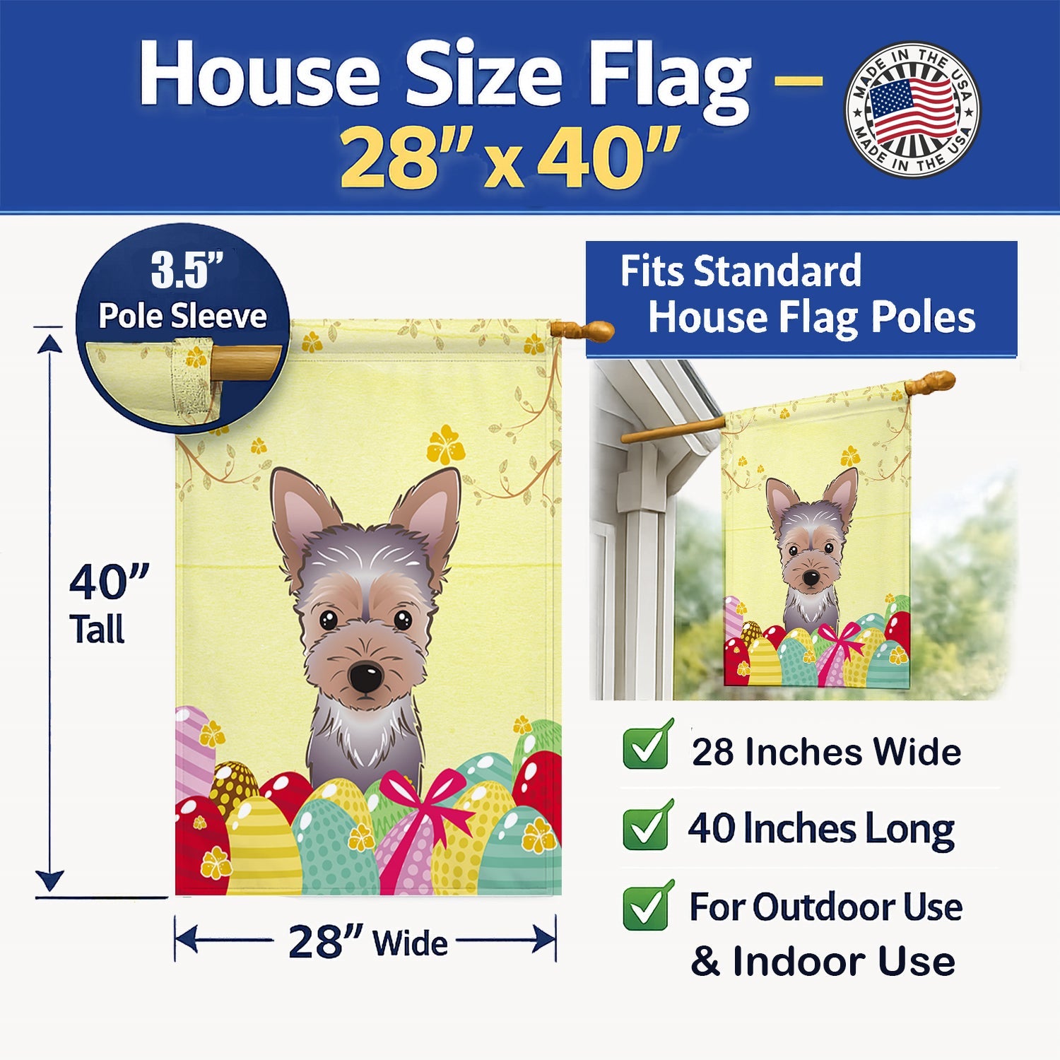 Yorkie Puppy Easter Egg Hunt House Flag 28x40 Porch Sleeve Pole Decorative Outside Yard Banner Artwork Wall Hanging, Polyester