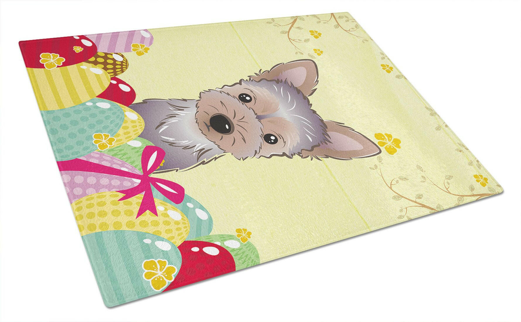 Yorkie Puppy Easter Egg Hunt Cutting Board Tempered Glass Kitchen Cutting Surface, Heat Resistant Chopping, Non-Slip Feet, Food Prep & Serving