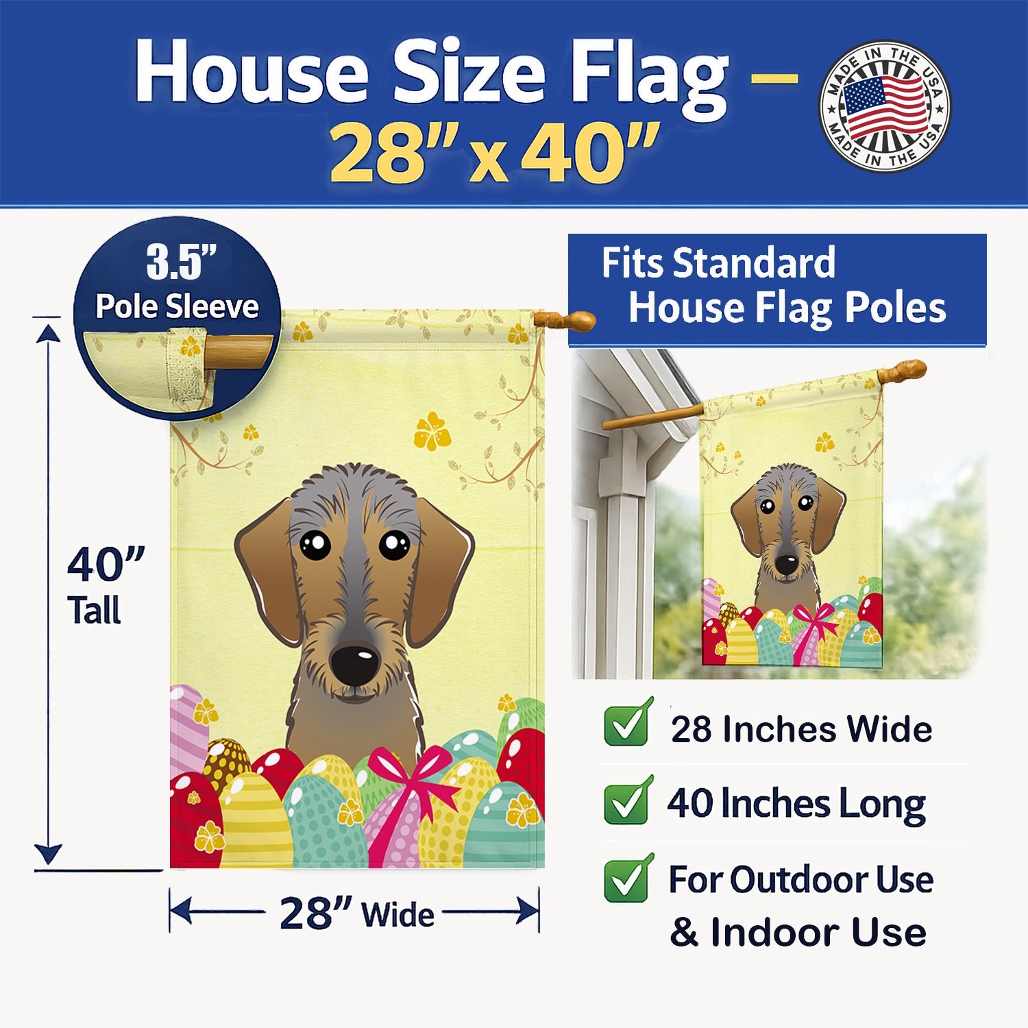 Wirehaired Dachshund Easter Egg Hunt House Flag 28x40 Porch Sleeve Pole Decorative Outside Yard Banner Artwork Wall Hanging, Polyester