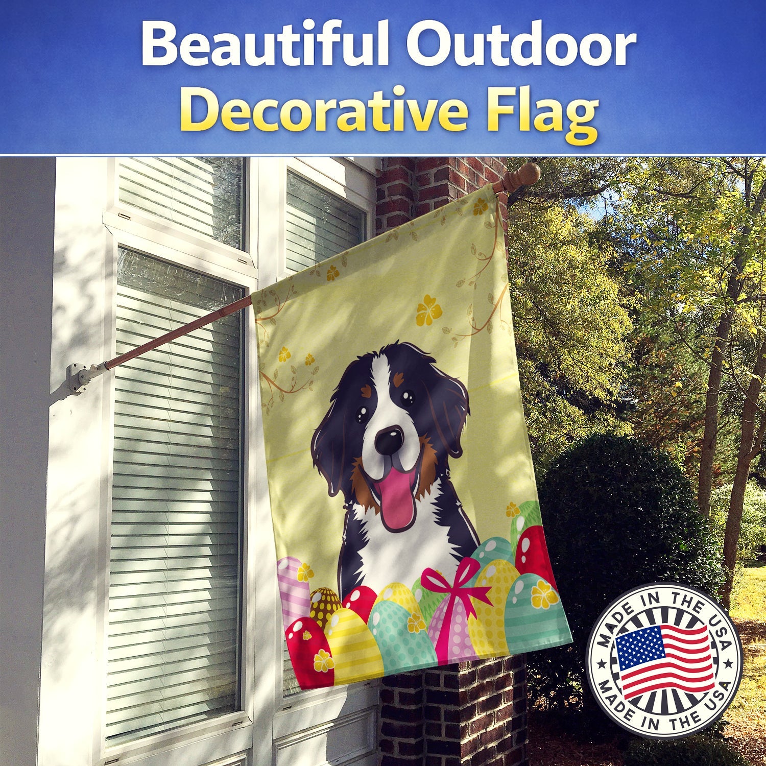 Bernese Mountain Dog Easter Egg Hunt House Flag 28x40 Porch Sleeve Pole Decorative Outside Yard Banner Artwork Wall Hanging, Polyester