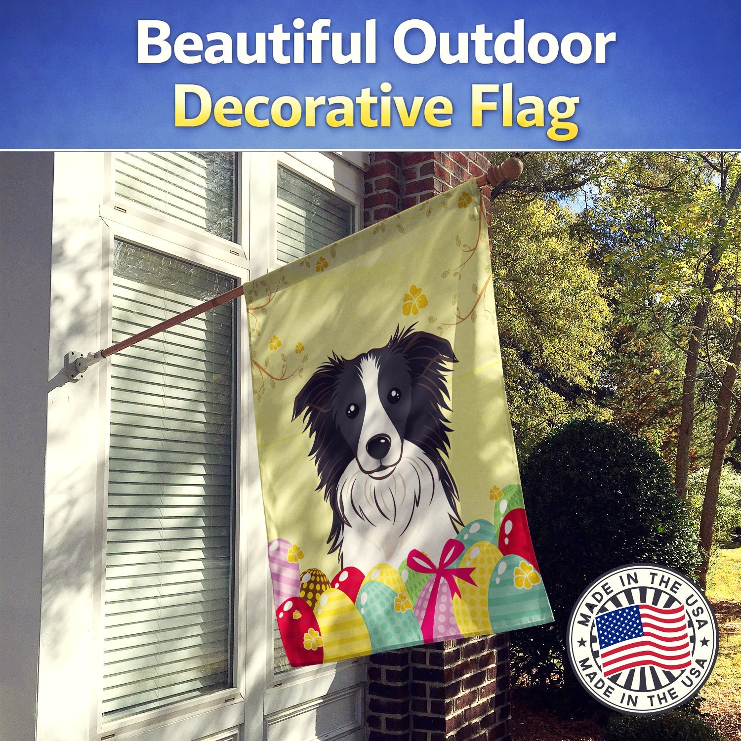 Border Collie Easter Egg Hunt House Flag 28x40 Porch Sleeve Pole Decorative Outside Yard Banner Artwork Wall Hanging, Polyester