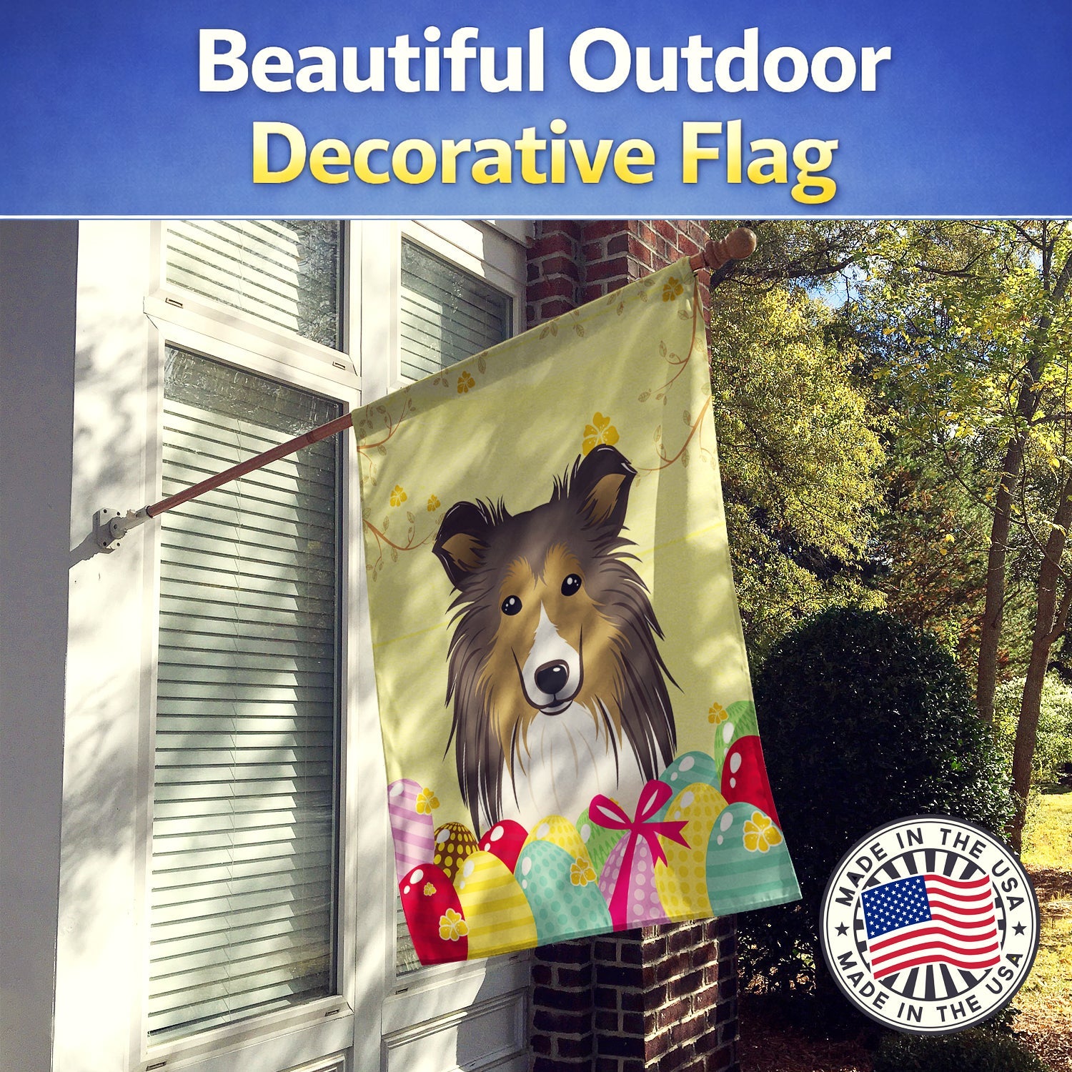 Sheltie Easter Egg Hunt House Flag 28x40 Porch Sleeve Pole Decorative Outside Yard Banner Artwork Wall Hanging, Polyester