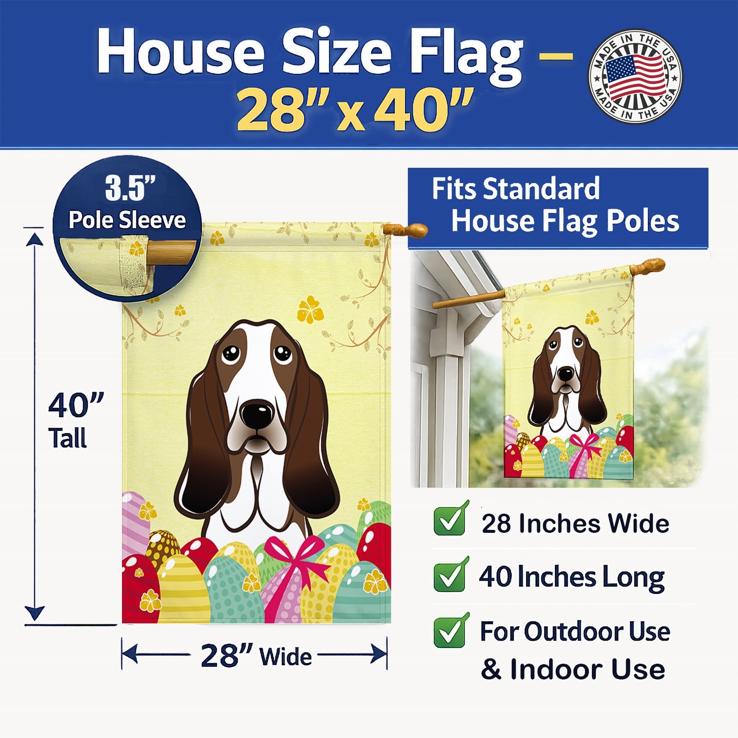 Basset Hound Easter Egg Hunt House Flag 28x40 Porch Sleeve Pole Decorative Outside Yard Banner Artwork Wall Hanging, Polyester