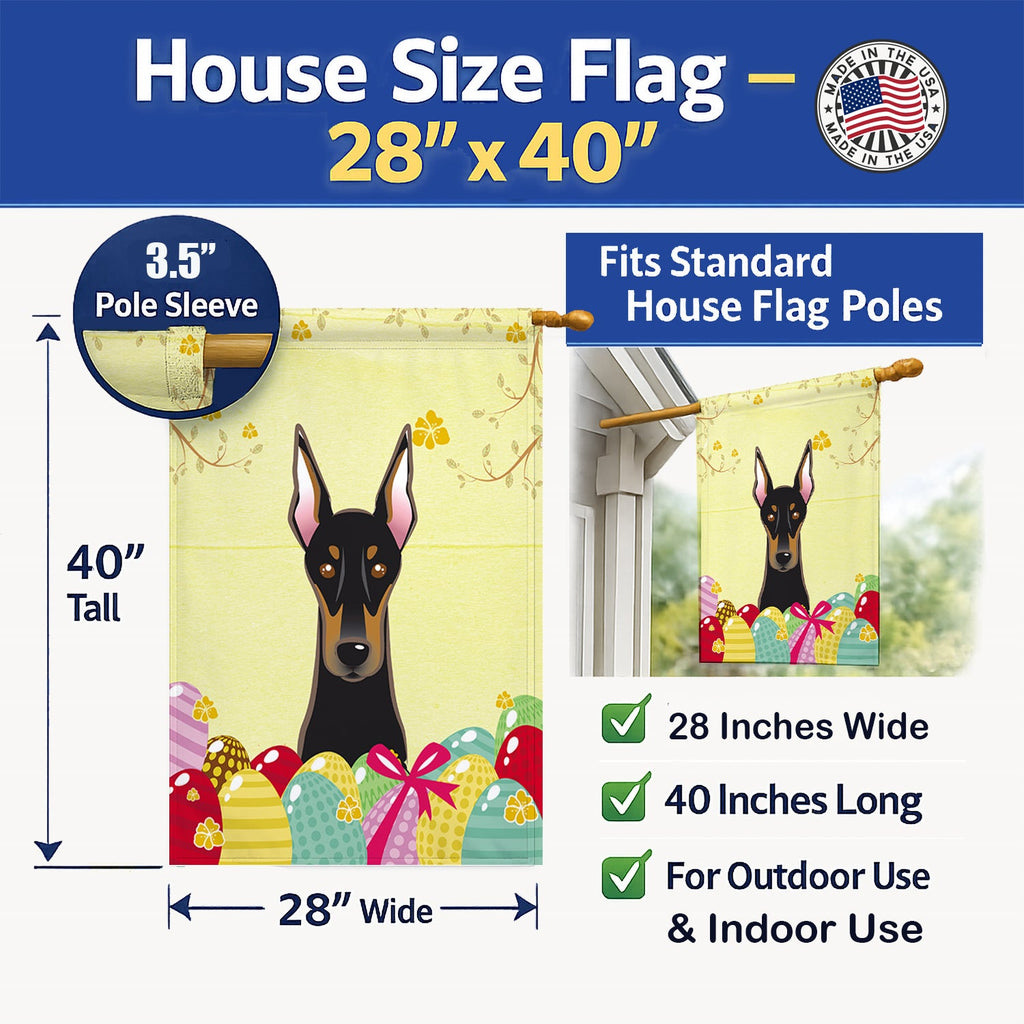 Doberman Easter Egg Hunt House Flag 28x40 Porch Sleeve Pole Decorative Outside Yard Banner Artwork Wall Hanging, Polyester