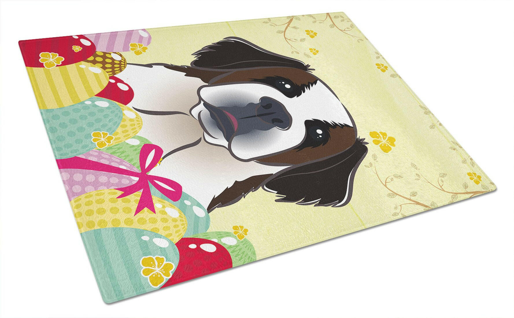 Saint Bernard Easter Egg Hunt Cutting Board Tempered Glass Kitchen Cutting Surface, Heat Resistant Chopping, Non-Slip Feet, Food Prep & Serving