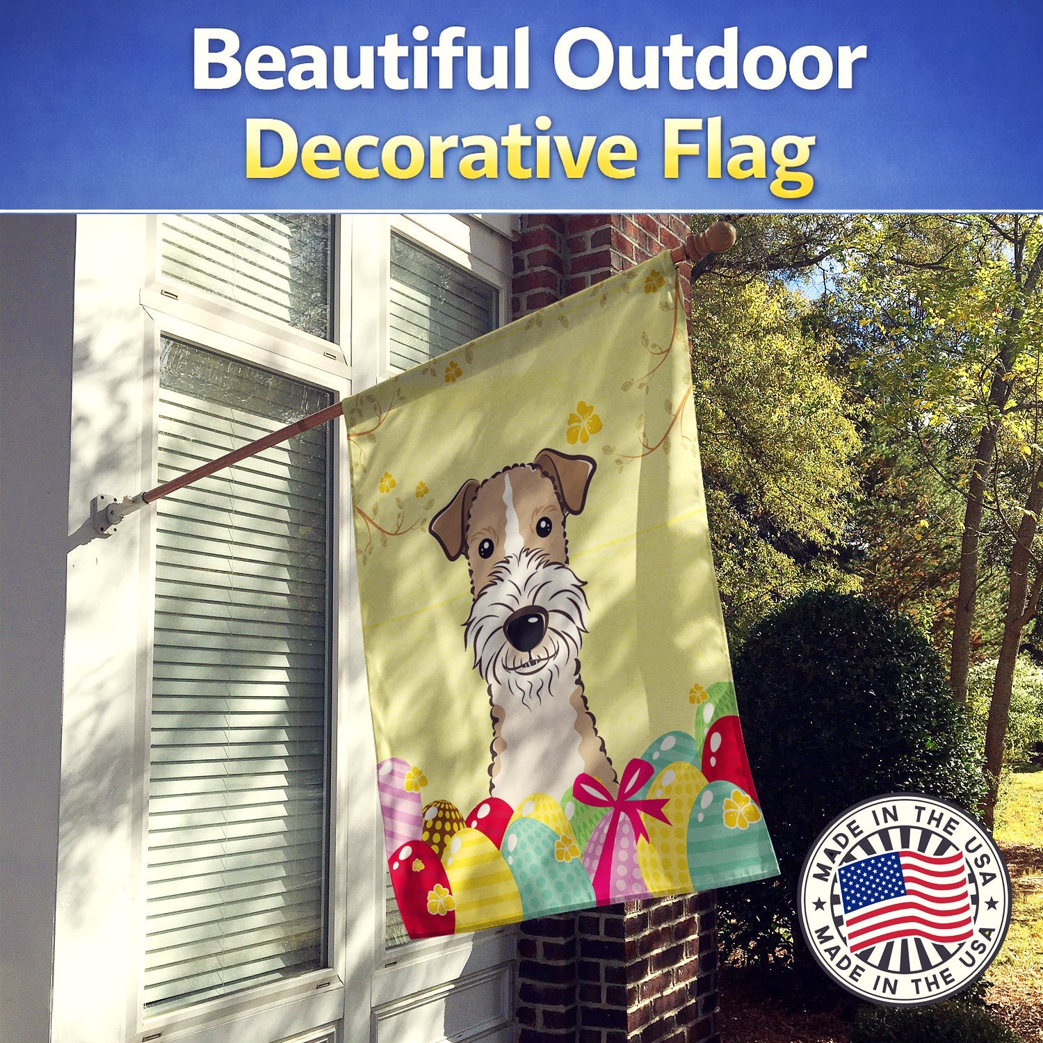 Wire Haired Fox Terrier Easter Egg Hunt House Flag 28x40 Porch Sleeve Pole Decorative Outside Yard Banner Artwork Wall Hanging, Polyester