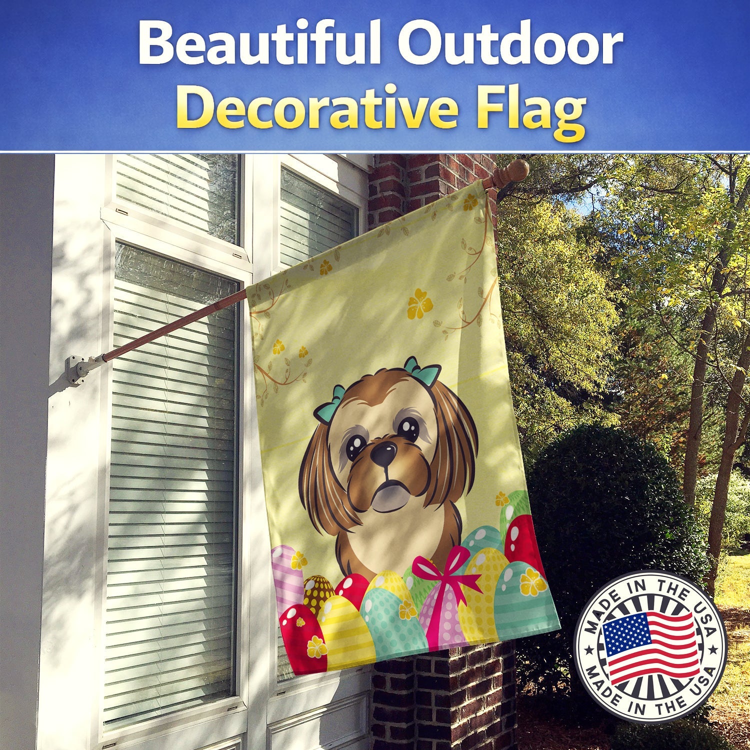 Chocolate Brown Shih Tzu Easter Egg Hunt House Flag 28x40 Porch Sleeve Pole Decorative Outside Yard Banner Artwork Wall Hanging, Polyester