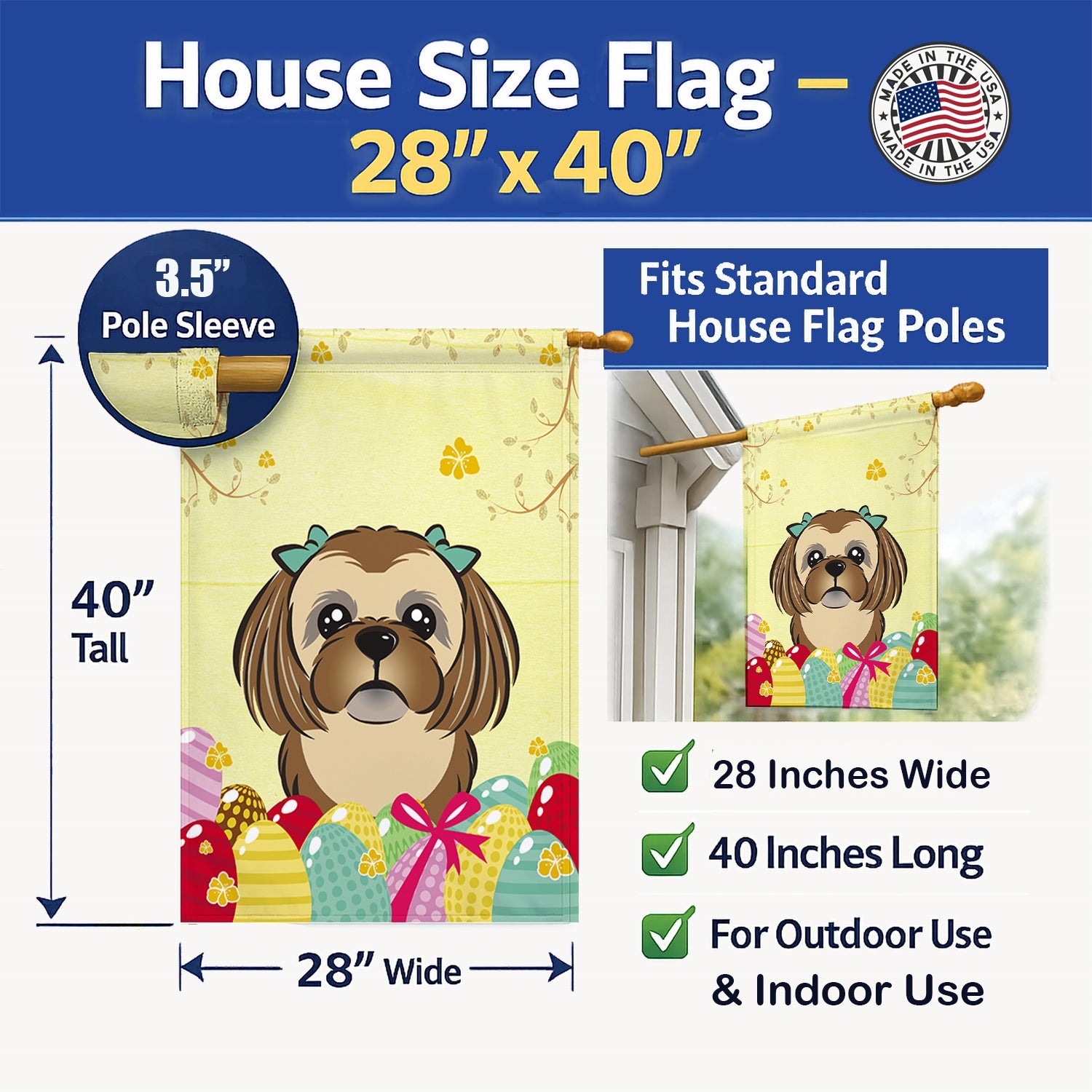 Chocolate Brown Shih Tzu Easter Egg Hunt House Flag 28x40 Porch Sleeve Pole Decorative Outside Yard Banner Artwork Wall Hanging, Polyester